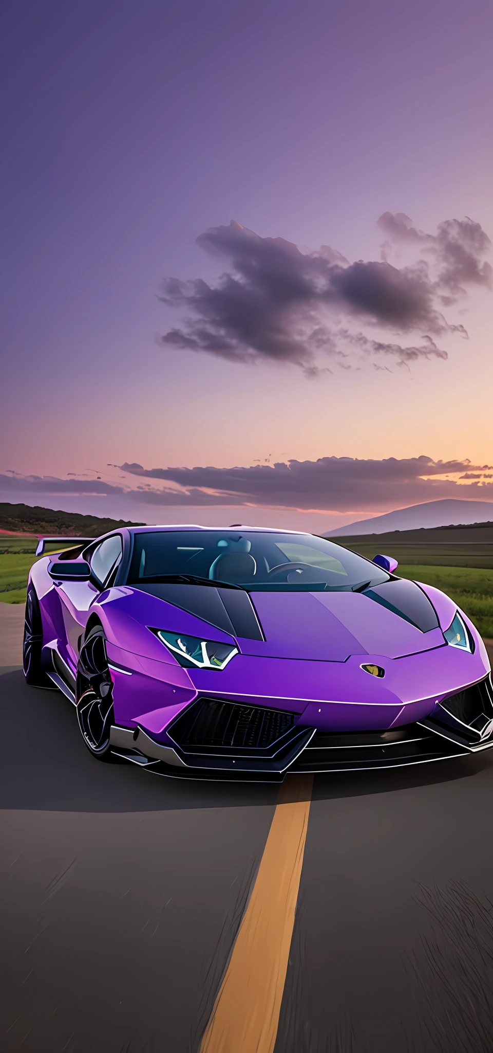 Generate a realistic image of a purple Lamborghini going to the horizon