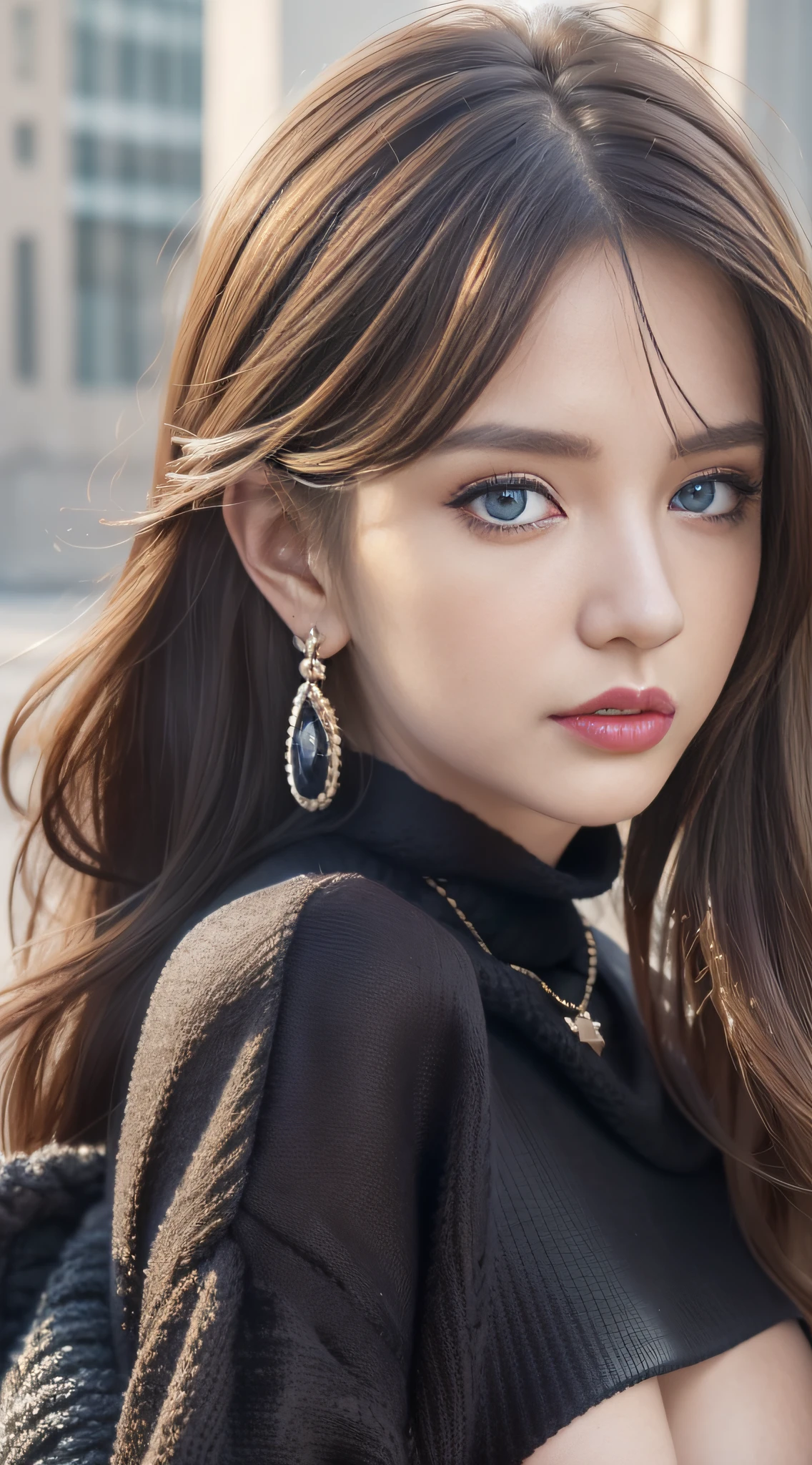 (incredibly absurdres, ultra-detailed, CG, unity, 8k wallpaper), (realistic), (raw photo:1.2), (detailed face :1.4), (beautiful detailed eyes :1.2), (detailed hair), light on face, huge filesize, 1 girl, sexy, nsfw, eyeliner, kawaii, student, long hair, brown hair, ((wavy hair)), hair ornament, ((light blush)), ((mole under eye)), ((expressionless eyes)), blue eyes, ((large breasts)), fashi-g, red lips, makeup, shirtlift, ((black sweater dress)), black kneehighs, high heels, jewelry, earrings, necklace, looking at viewer, (photorealistic:1.2), cinematic lighting, Depth of field, (masterpiece), (best quality:1.2)