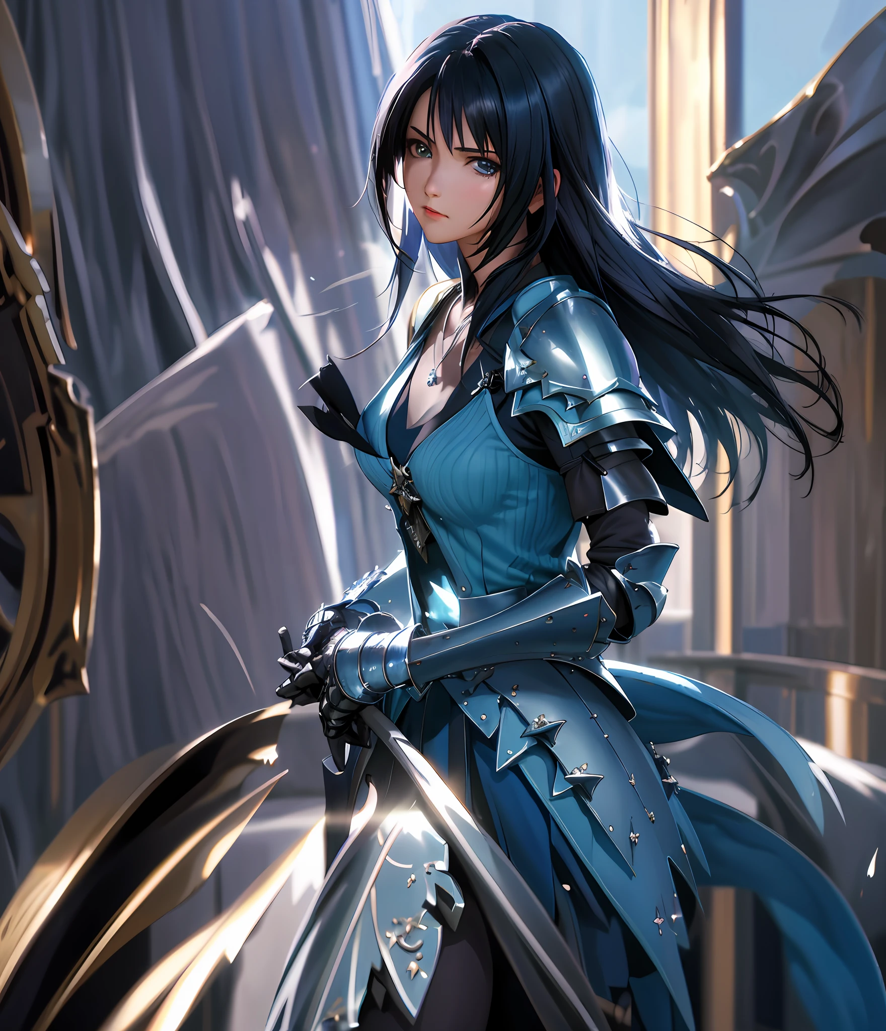 rinoa, blue dress armor, full gauntlets, dark blue full armor, dark fantasy, hair blowing in the wind, incomparable masterpiece, 8k uhd, perfect art, beautiful face, beautiful eyes, precise hands, dramatic lighting, ray tracing, symmetrical eyes