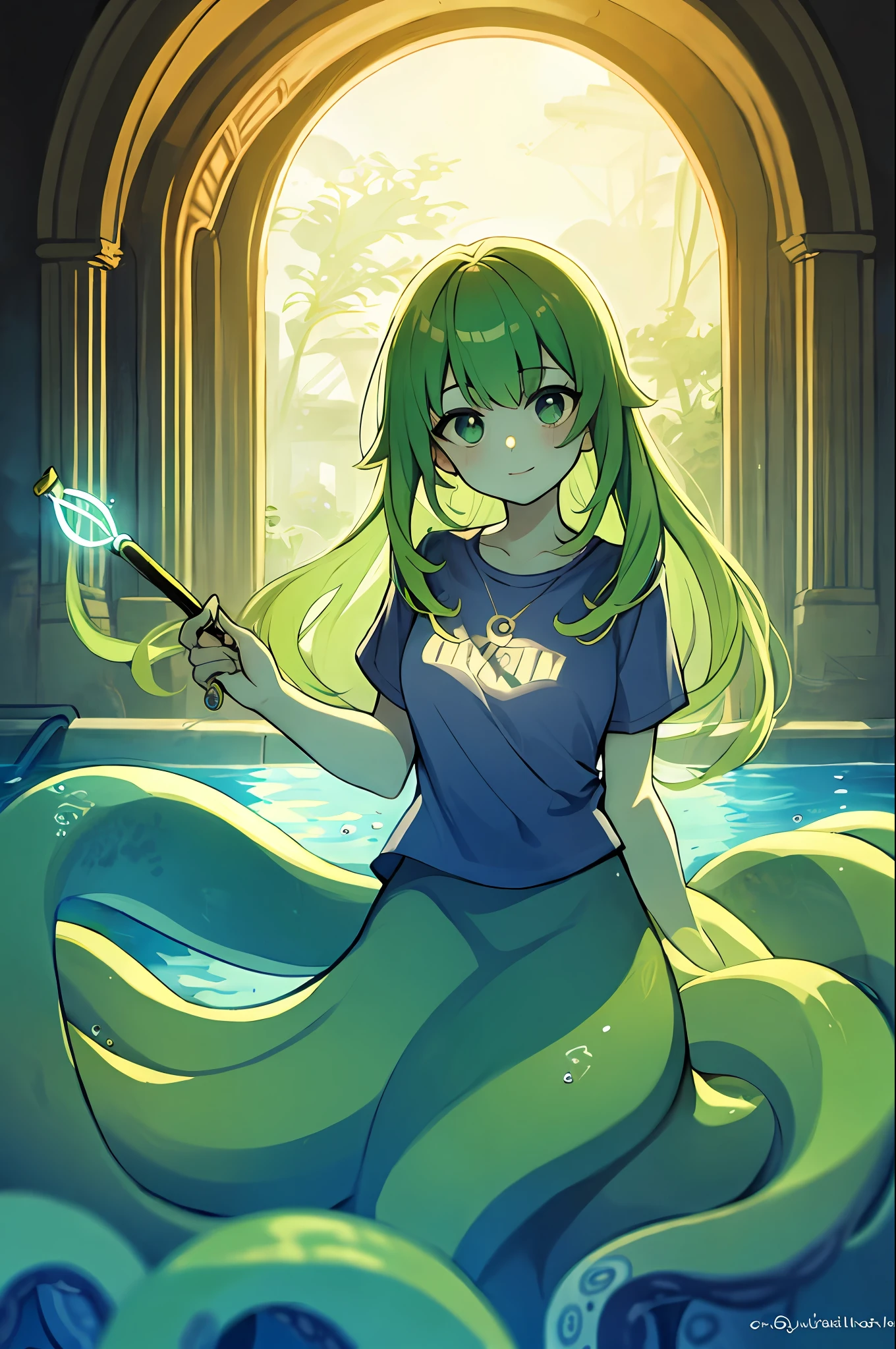 1girl with light green hair and a shirt holding a wand, Scylla, masterpiece, best quality, in a pool, long hair