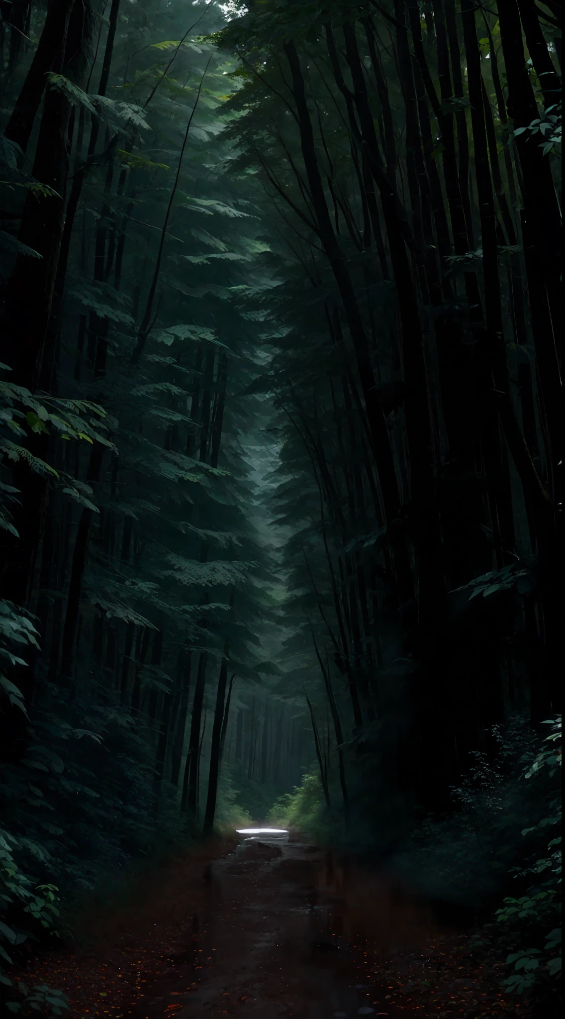 Dense forest in torrential rain at night, raindrops pouring from trees, distant thunder rumbling, masterpiece, best quality, high quality, extremely detailed CG unity 8k wallpaper, oil painting, award winning photography, bokeh, depth of field, HDR, bloom, chromatic aberration, photorealism, very detailed, trending on artstation, trending on CGsociety, intricate, high detail, dramatic, midjourney art (volumetric lighting: 1.2)