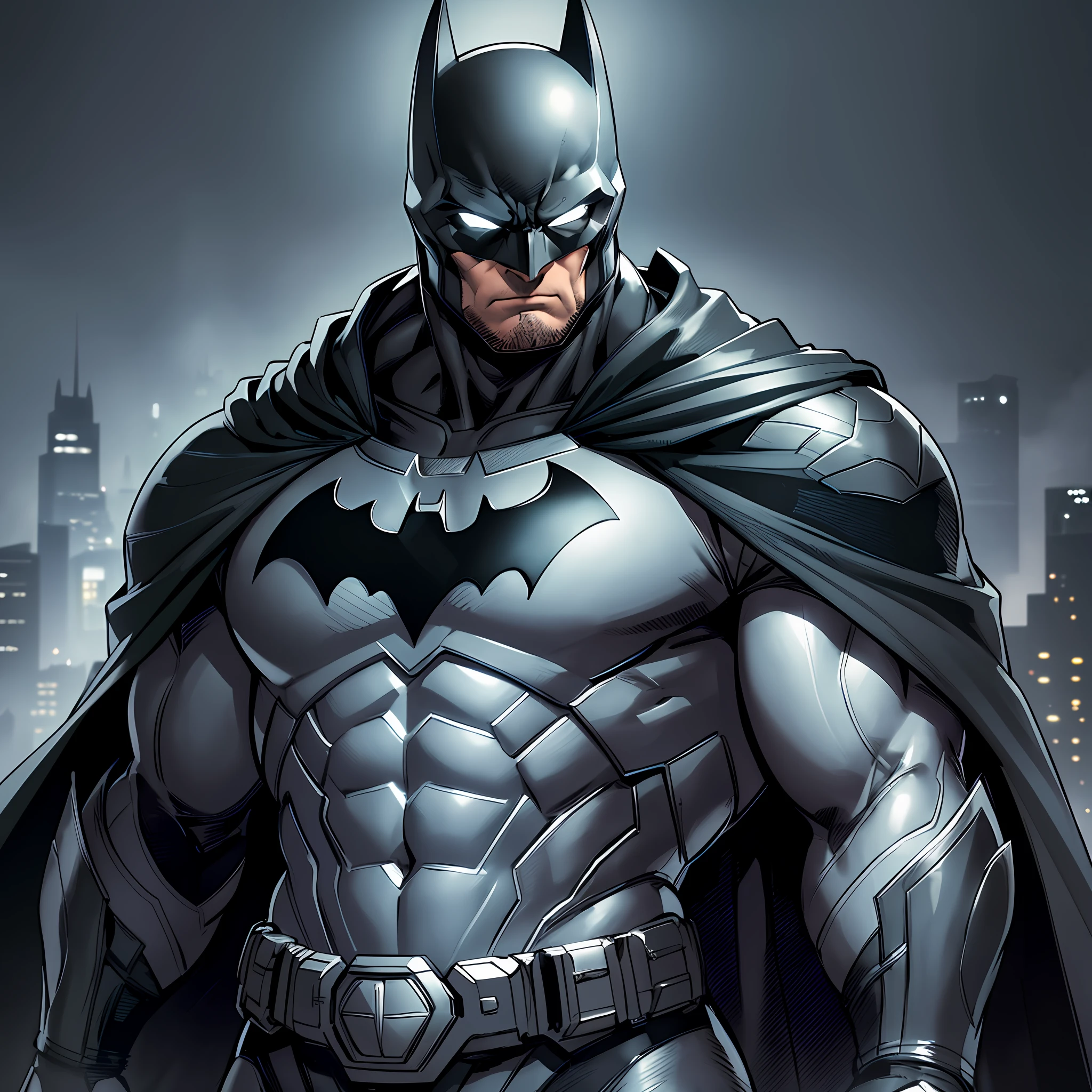 Batman,macho, tall, hunk, muscular, black and grey neon suit, best quality, masterpiece, long black cape, short ears on the helmet, white eyes, no pupils, serious face, ultra detailed suit, detailed face, badass pose, high resolution, dark grey ultility belt, super realistic, night, dark atmosphere, flowing cape, award winning