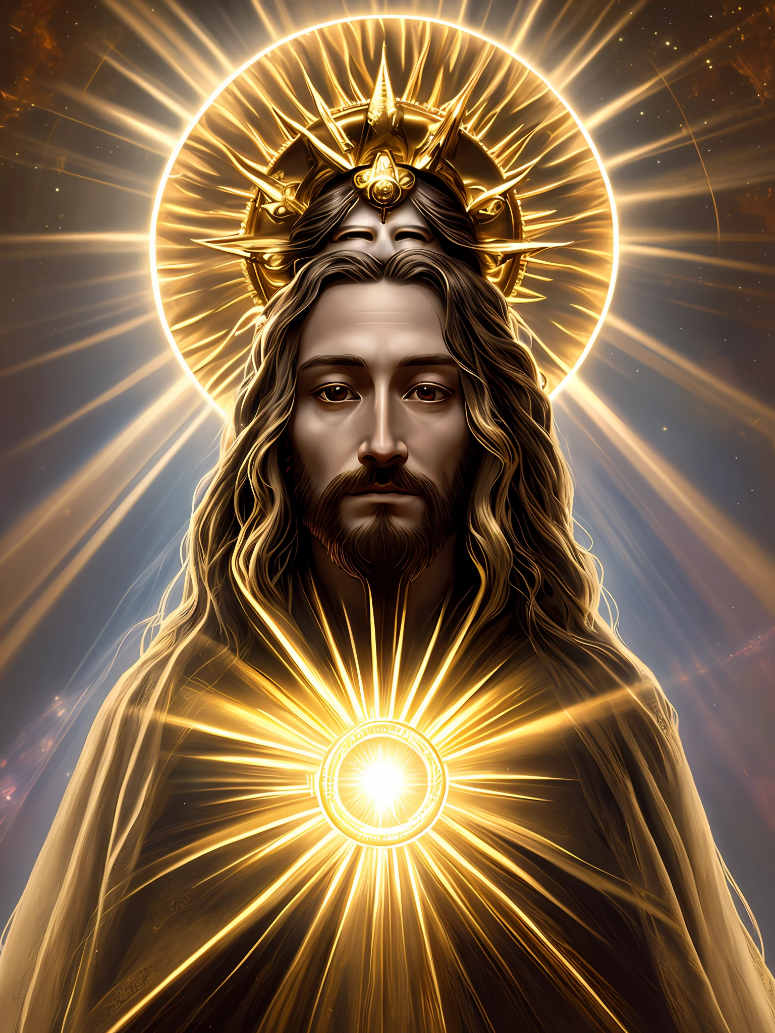 highly detailed portrait of a jesus christ sun god halo of light, gold, unreal engine, art by mark ryden, lostfish, earl norem, global illumination, god rays, detailed and intricate environment, elden ring style