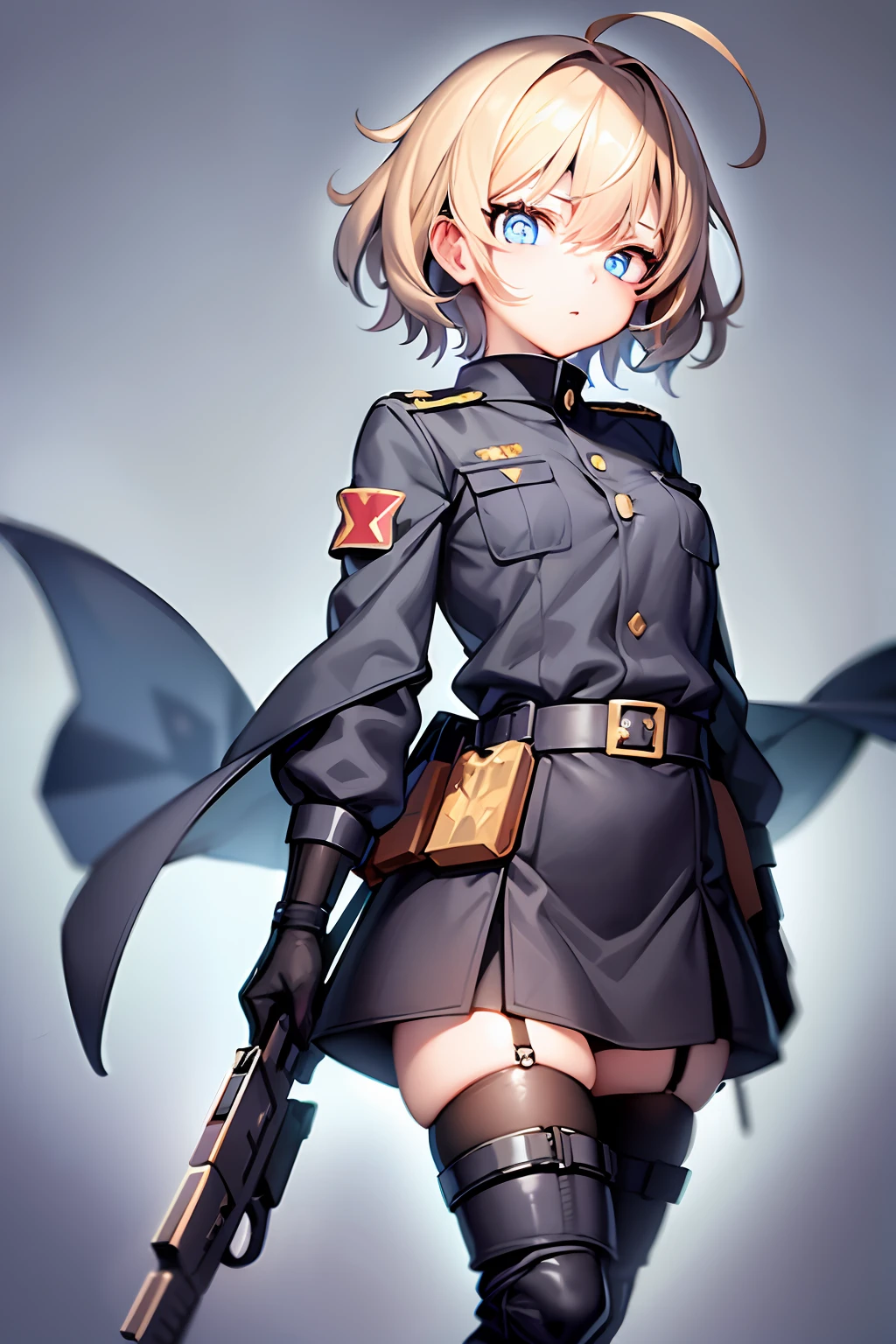 The girl wore a black German military uniform, Girls' Front, animated, extremely beautiful detailed anime face and eyes, realistic, whole body, from_below, focus on eyes, holding_weapon, beautiful detailed fullbody, petite, girl, baby,5 years old, short hair, messy hair, wept bangs, blonde hair, disheveled hair, ahoge, Delicate facerain, rape face, lovely big eyes, flat_chest, blue eyes, black_gloves, gun, military, boots, black Clothes, grand space, floating, God Light, Absurd, artbook, extremely detailed 8K wallpaper, very precise detailed, absurdres,