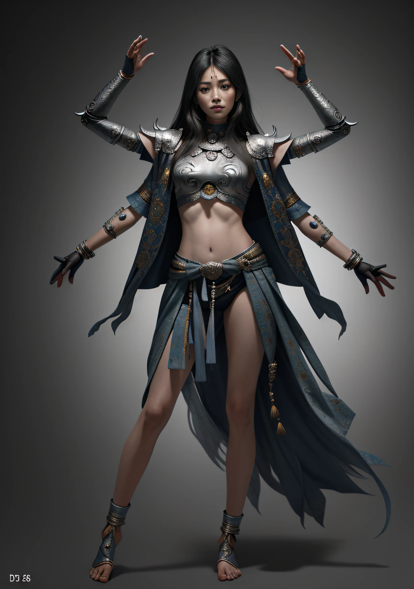 Asura Goddess, Buddhist elements, detailed face and eyes, silver long hair, full body, Japanese armor, rich details, gorgeous patterns, shabby fabric, barefoot, realistic, photo, masterpiece, realism, high contrast, realistic digital art trends in Artstation 8k HD HD details realistic, detailed, skin texture, super detailed, realistic skin texture, armature, best quality, super high resolution, (realistic:1.4),, high resolution, detailed, original photo, sharp re, Lee Jeffries Nikon D850 Film Stock Photo 4 Kodak Portra 400 Camera F1.6 Lens Rich Colors Ultra-realistic textures Dramatic lighting Unreal Engine Trends on the Art Station Movie Still 800