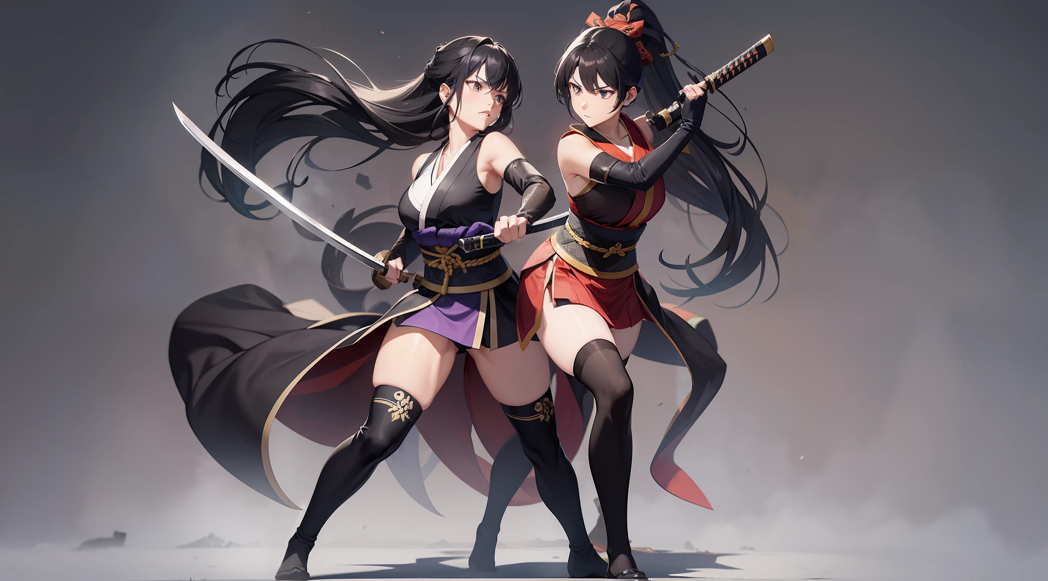 Full body shot of two female character from Action Taimanin. They locked fighting in an intense battle, looking each other, wielding katana with deadly intent. They have different long loose hairstyle. Both of them wears wears a different traditional short kimono, with a obi tied on their back, and skirt. On their hands, they also wear black thin elbow gloves. On their feet, they also wears black thigh high socks and below the black boots. The battle takes place in a night forest.