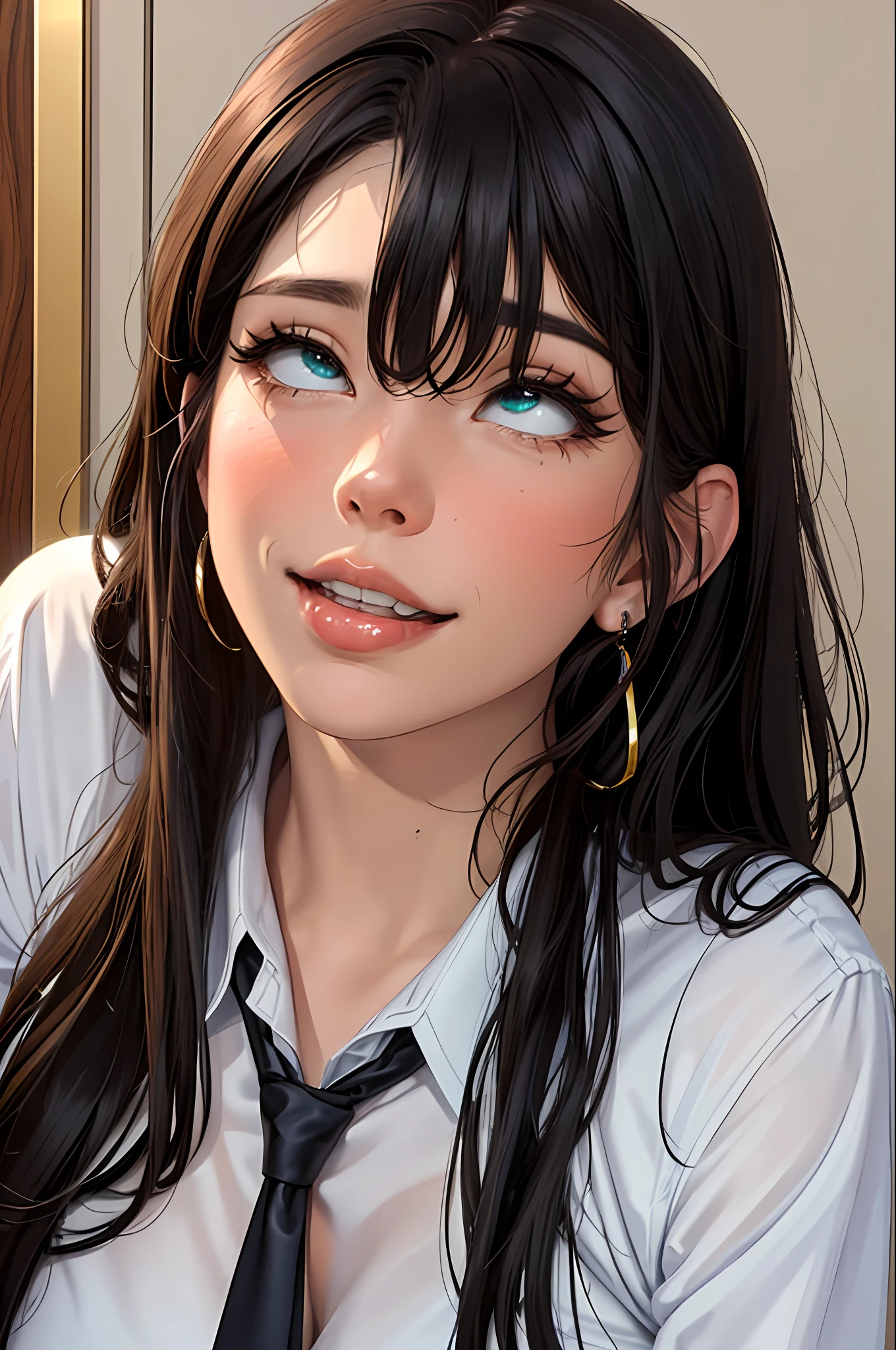masterpiece, best quality, ultra-detailed, illustration, epic lighting, cinematic composition, isometric, 1girl, (solo:1.5), cute, blue eyes, green eyes, detailed iris, black hair, swept bangs, single sidelock, red hairclip, white collared shirt, black necktie, black pants, formal, enchanting gaze, captivating pose, indoors, office, door, opening door, looking at viewer, peeking out upper body, blush, seductive smile, closed mouth,(8k:1.1), (ahegao:1.5)