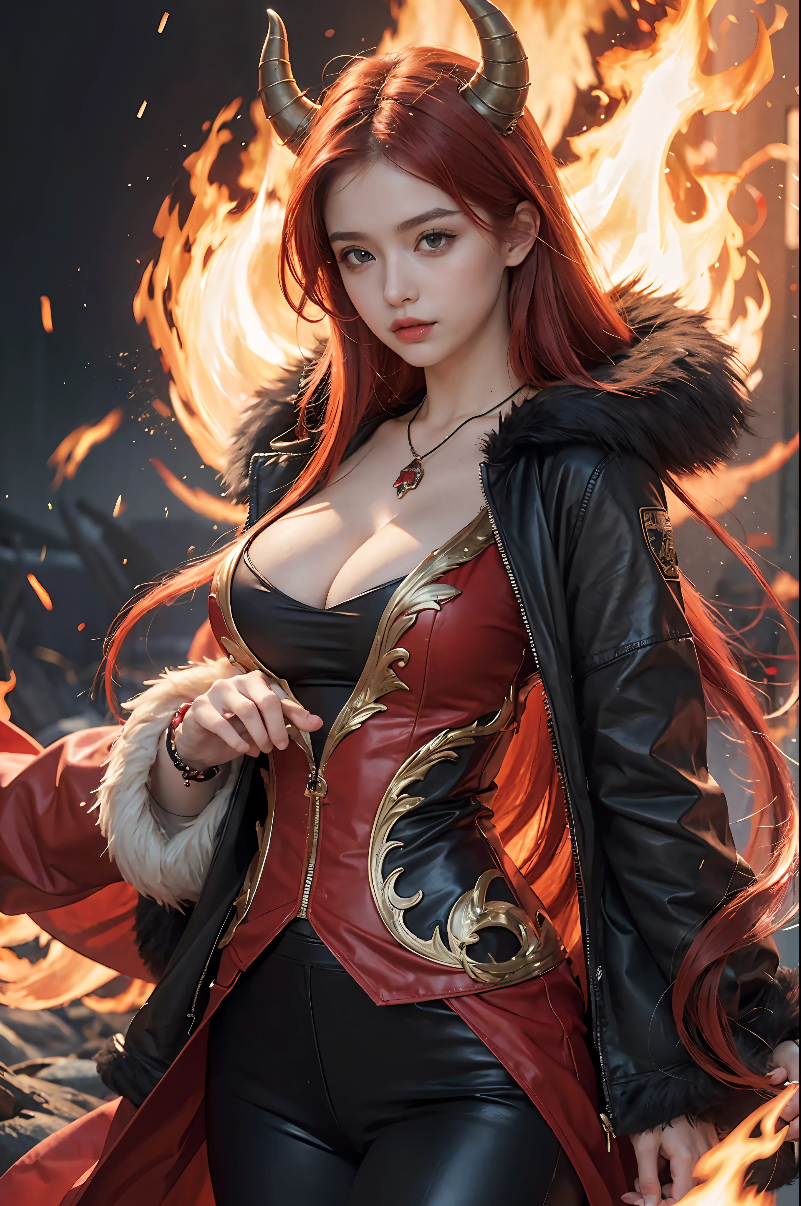 ((masterpiece,best quality,highest quality,realistic, inticrate detail)), 1 girl, red hair, horn, long hair, fire element, fire background, large breast,