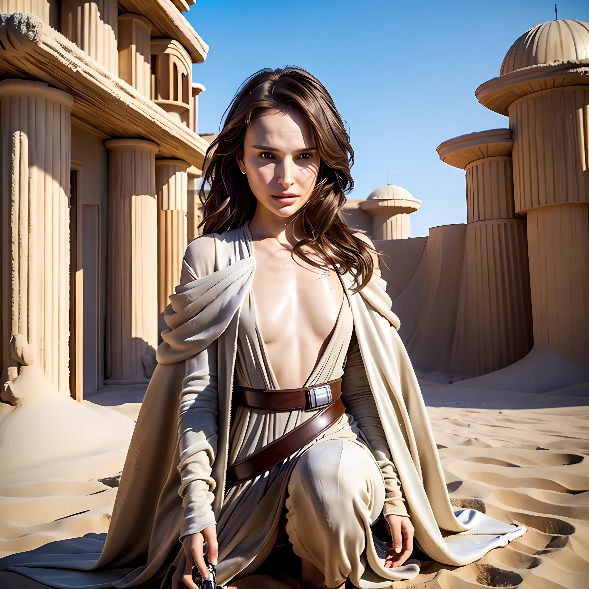 8K HDTV, photorealism, Star Wars, movie look, (head-to-knee height: 1.8), sand planet, in front of a domed house made of dirt, standing straight facing each other, wavy hair, relaxed look, detailed expression, sweaty skin, small and beautiful hard, disheveled clothes, white Jedi robe, holding a shining white lightsaber in your right hand, (Natalie Portman))))