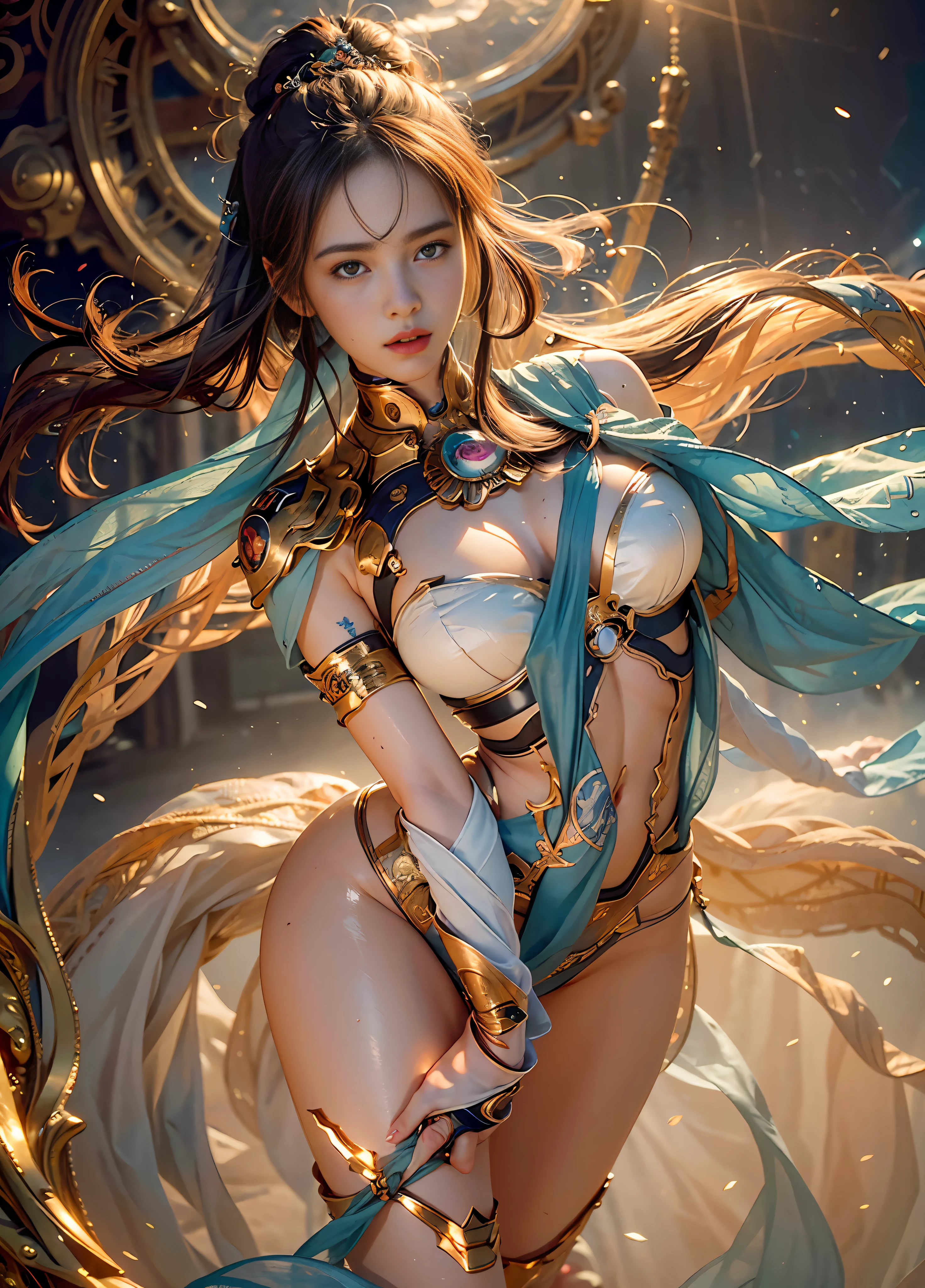 (RAW photo, best quality), (realistic, photo-realistic:1.3),best quality,highly detailed,masterpiece,ultra-detailed,illustration,1girl,upper_body,dynamic angle,world masterpiece theater,messy_long_hair,best quality,extremely detailed CG unity 8k wallpaper,ink,Amazing,cinematic lighting,lens_flare,,dunhuang_style