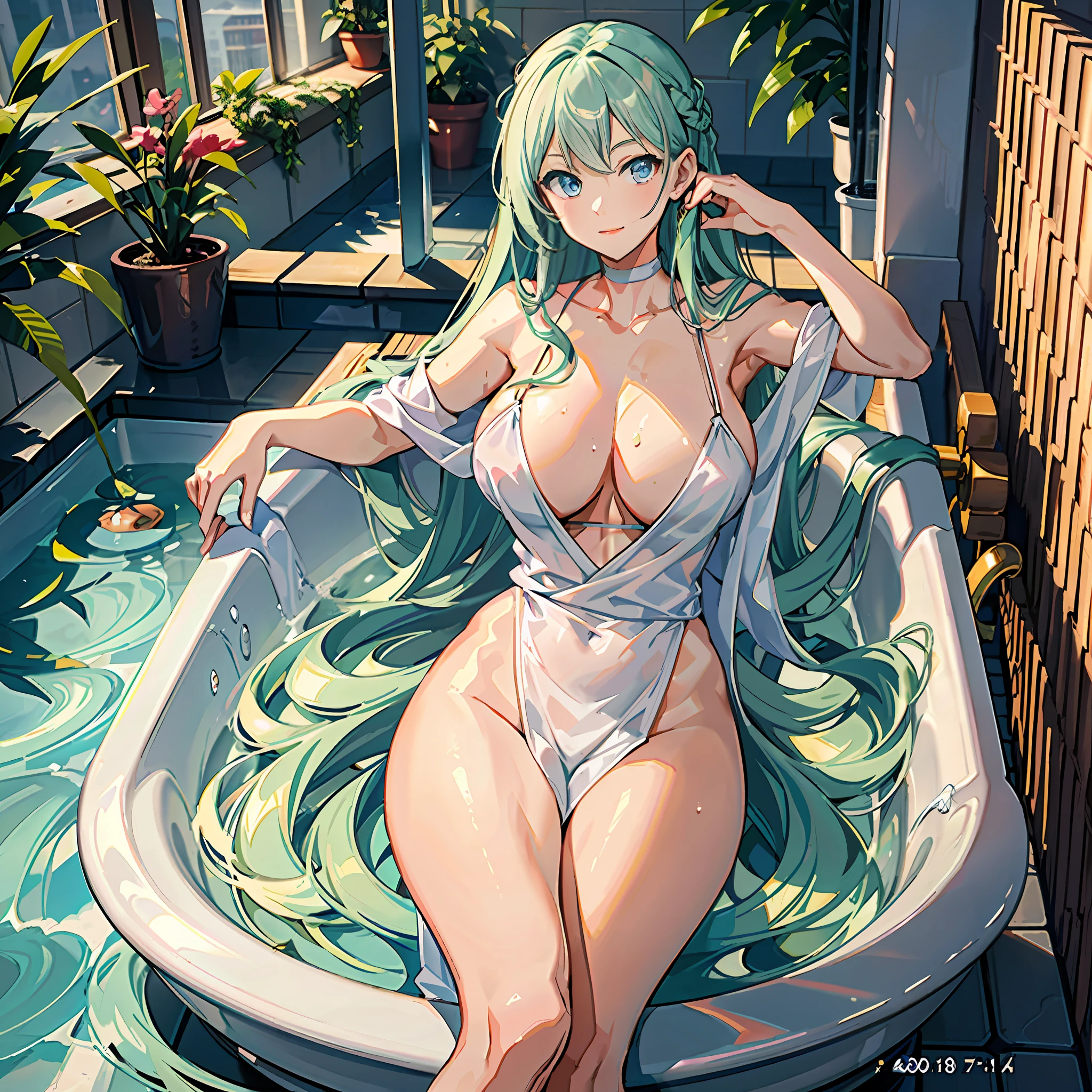 masterpiece,Best quality,Perfect body,Full body,Anime girl,1 girl,Light chestnut long hair,Light blue eyes,Hanging eyes,Pretty girl,Big:1.3,Wrap a towel around your body,Cleavage,Curvaceous legs,Bathroom,Happiness,Water,Bath time,Bathtub,Relax in bathtub