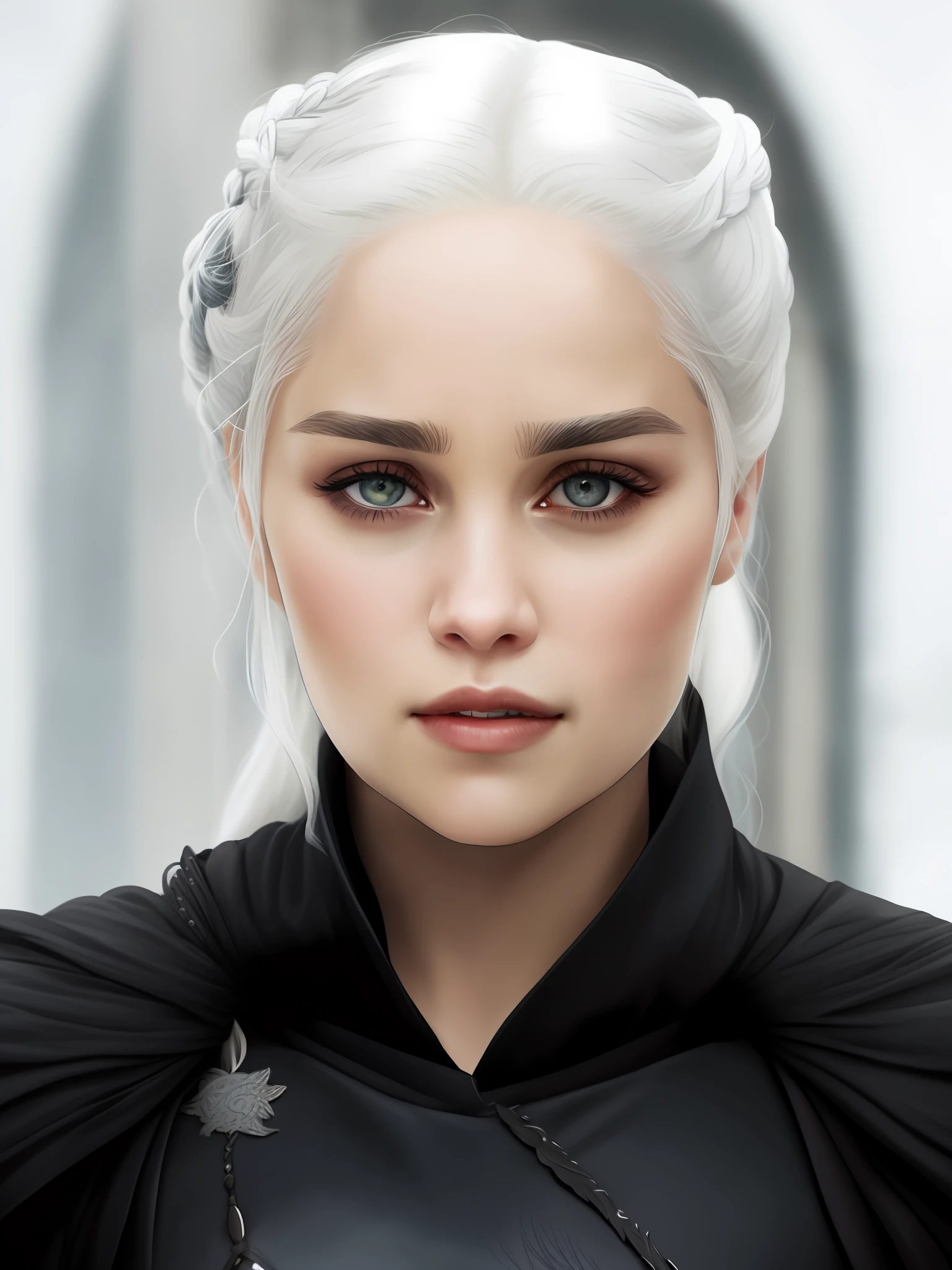 a close up of a woman with a white hair and a black outfit, daenerys, daenerys targaryen, from of thrones, emilia clarke, shot from game of thrones, still image from game of thrones, mila kunis as daenerys targaryen, still from game of thrones, style of game of thrones, her hair is white, girl with white hair