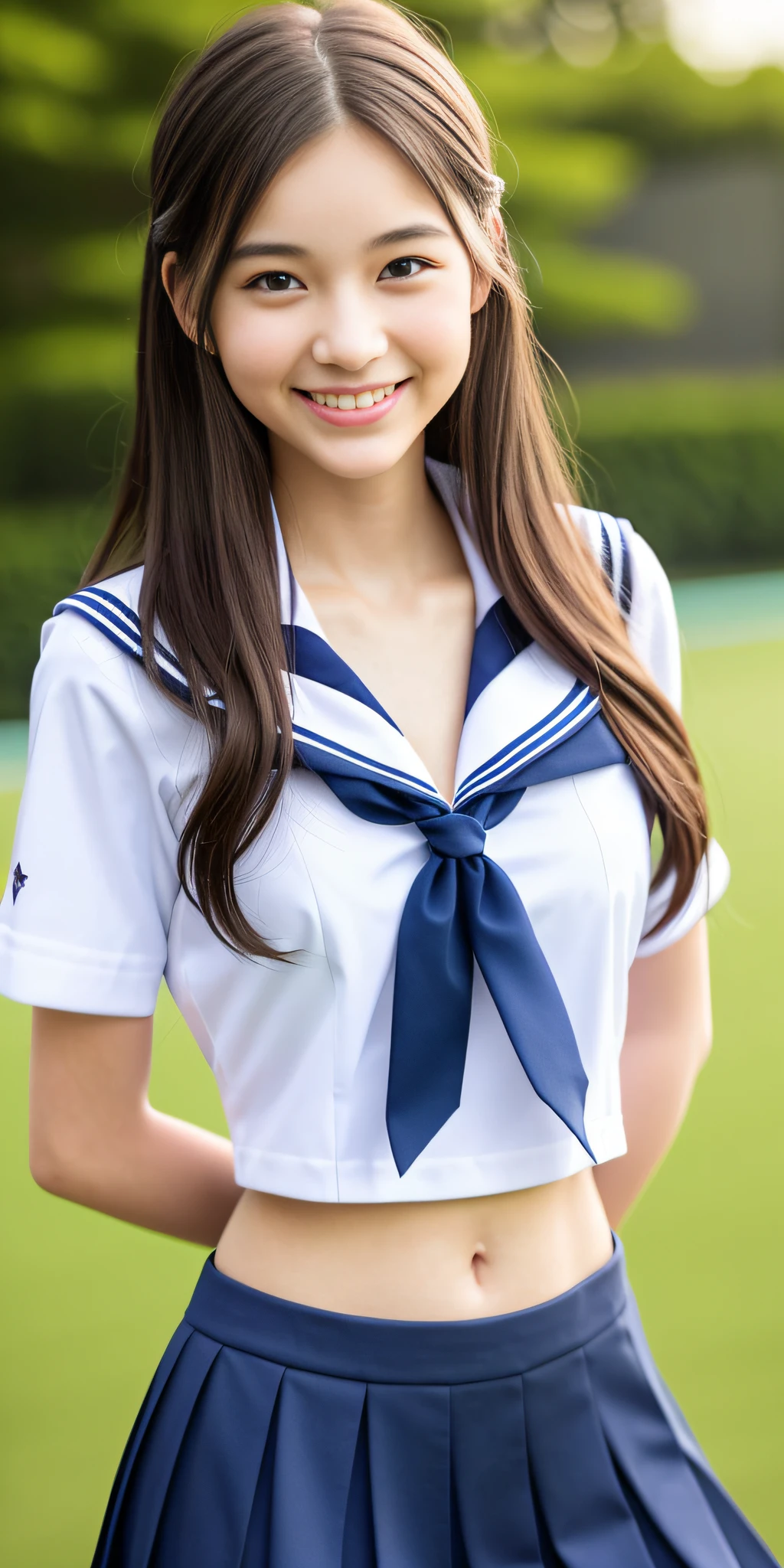 neat college girl, (school uniform, sailor uniform, ribbon tied at chest, summer uniform, upper body white, skirt is navy blue), outside the athletic field, (slim), photorealistic, detail, skin texture, ultra detail, delicate and sexy collarbone, smile, super detailed face, detailed lips, detailed eyes, double eyelids, small breasts, small breasts, small, flat breasts, breast emphasis