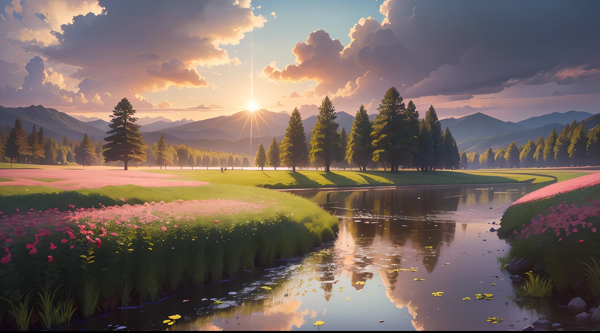 A sunny meadow, full of pink roses, surrounded by tall and lush trees, new leaves and a gentle breeze. In the distance, there is a stream flowing, masterpiece, best quality, high quality, extremely detailed CG unity 8k wallpaper, oil painting, award-winning photography, bokeh, depth of field, HDR, bloom, chromatic aberration, realistic, very detailed, trending on artstation, trending on CGsociety, intricate, high detail, dramatic, art by midjourney --auto --s2