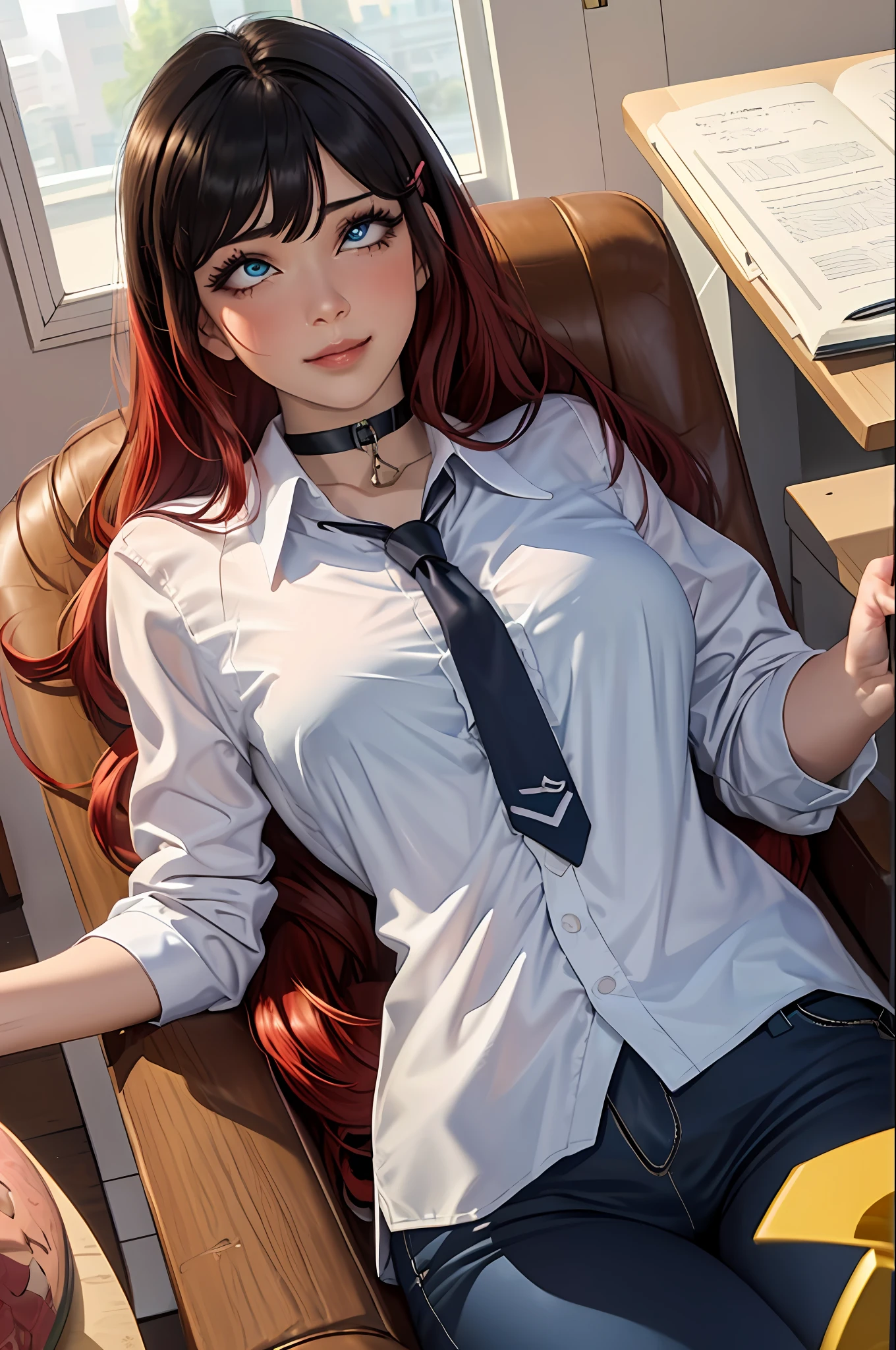masterpiece, best quality, ultra-detailed, illustration, epic lighting, cinematic composition, isometric, 1girl, (solo:1.5), cute, blue eyes, green eyes, detailed iris, black hair, swept bangs, single sidelock, red hairclip, unbuttoned white shirt, choker, loose black necktie, black pants, formal, enchanting gaze, captivating pose, indoors, office, door, opening door, looking at viewer, peeking out upper body, blush, seductive smile, closed mouth,(8k:1.1), (ahegao:1.5)