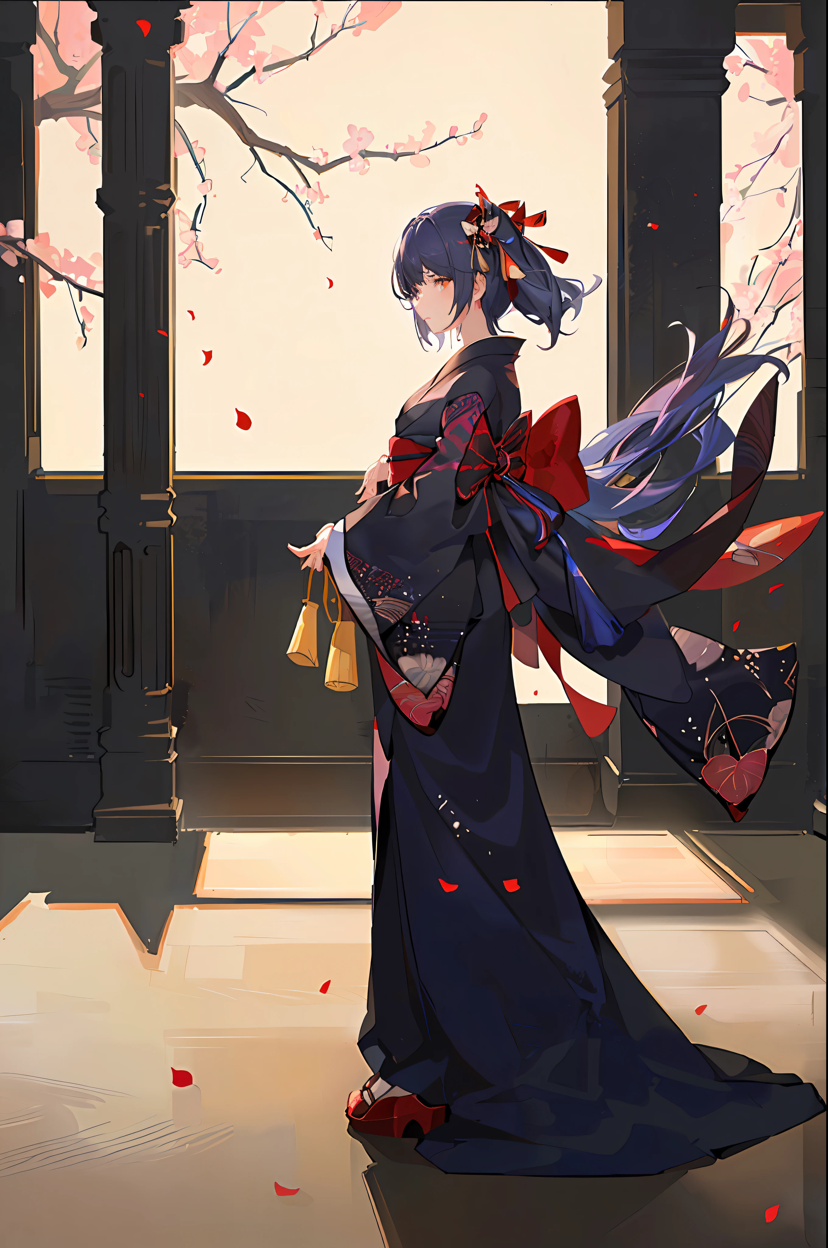 Masterpiece, animate, atmosphere feeling light and shadow, cozy, front, 1 girl, stand, arms flat, kimono