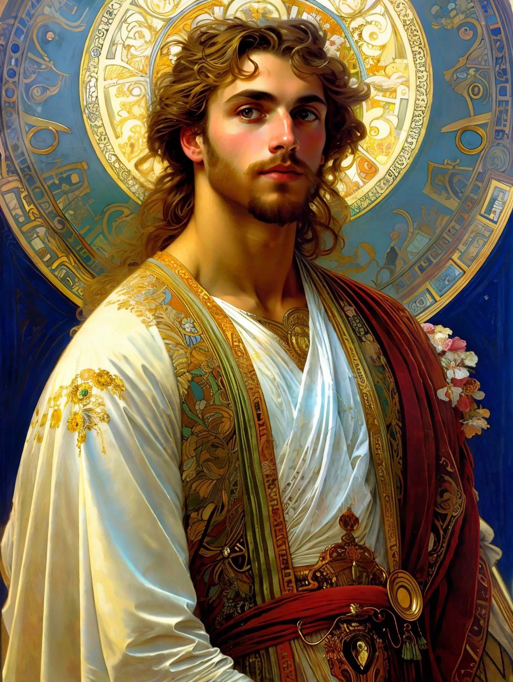 A painted portrait of a fitted Apollo, God of beauty, greek god, blonde hair, big seductive eyes, big lips, golden skin, big nose, handsome greek male, young, insanely handsome, upper body, muscular, hairy torso, fantasy, intricate, elegant, highly detailed, digital painting, art station, concept art, soft, sharp focus, illustration, art by Gaston Bussiere and Alphonse Mucha