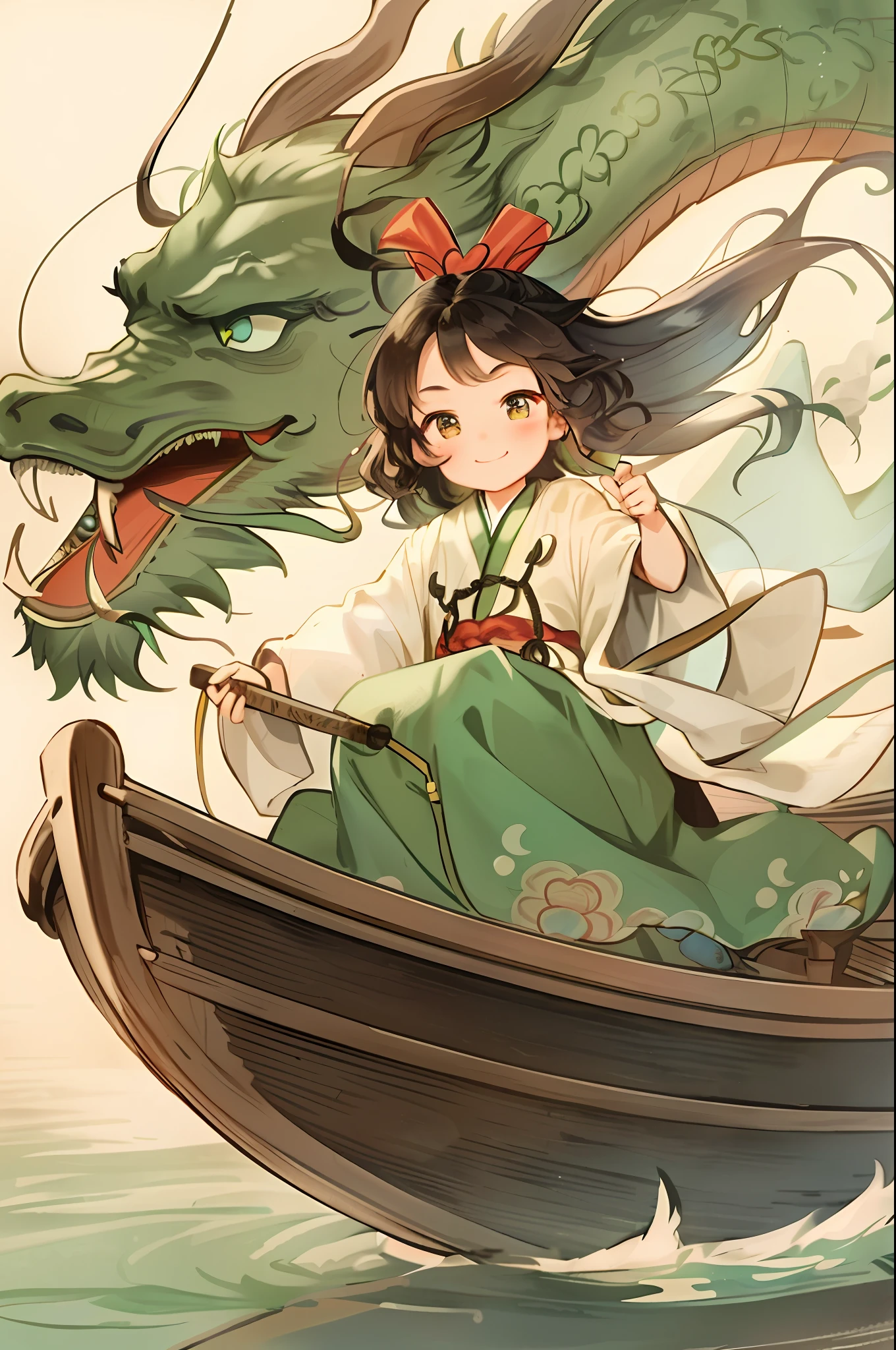 A cute girl in Hanfu rowing a wooden boat, with a wooden dragon head at the bow and a huge green dragon behind her, bun, messy hair, ridiculous long hair, ribbons, bells, jewelry, hair buns, hairpins, hairbells, veils, water-colored eyes, full blush, beautiful and delicate brown eyes, beautiful and delicate loose Hanfu, beautiful Chinese long sleeves, blue and green, flowing silk, smiles, giving the artwork an ethereal and dreamy quality. It adds the peaceful atmosphere of the Song Dynasty painter Zhao Ji, and the image is modeled after the famous painting Xiangruihe painting, blue and blue, giving the viewer a calm and quiet feeling, Chinese gongbi painting.