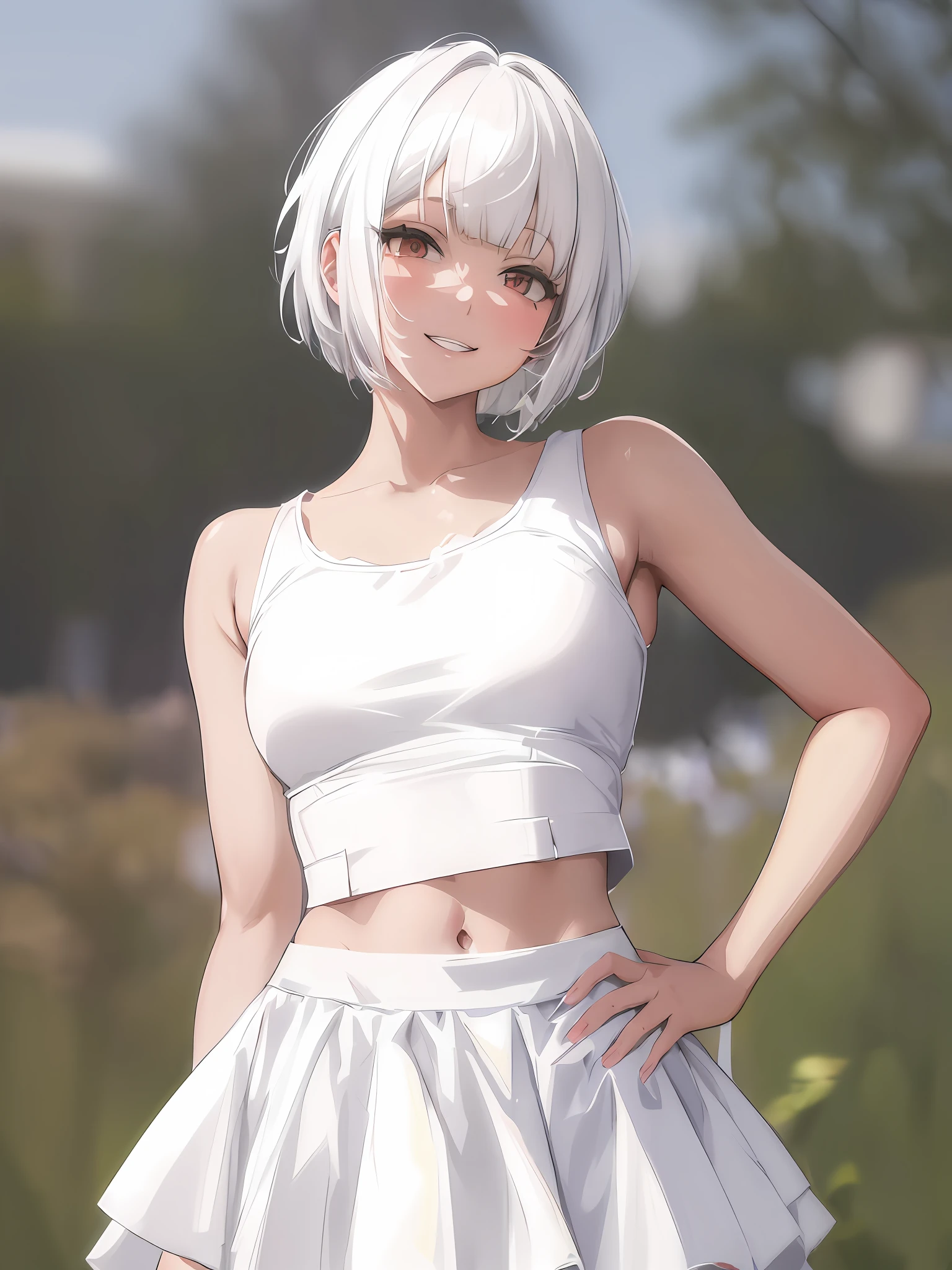 anime girl in white top and skirt posing for picture, in white clothes, perfect white haired girl, girl with short white hair, white haired, white haired deity, loli in dress, white-haired, girl with white hair, white dress!! of silver hair, teasing smile, with short bobbed white hair, white haired lady, seductive anime girl, from girls frontline