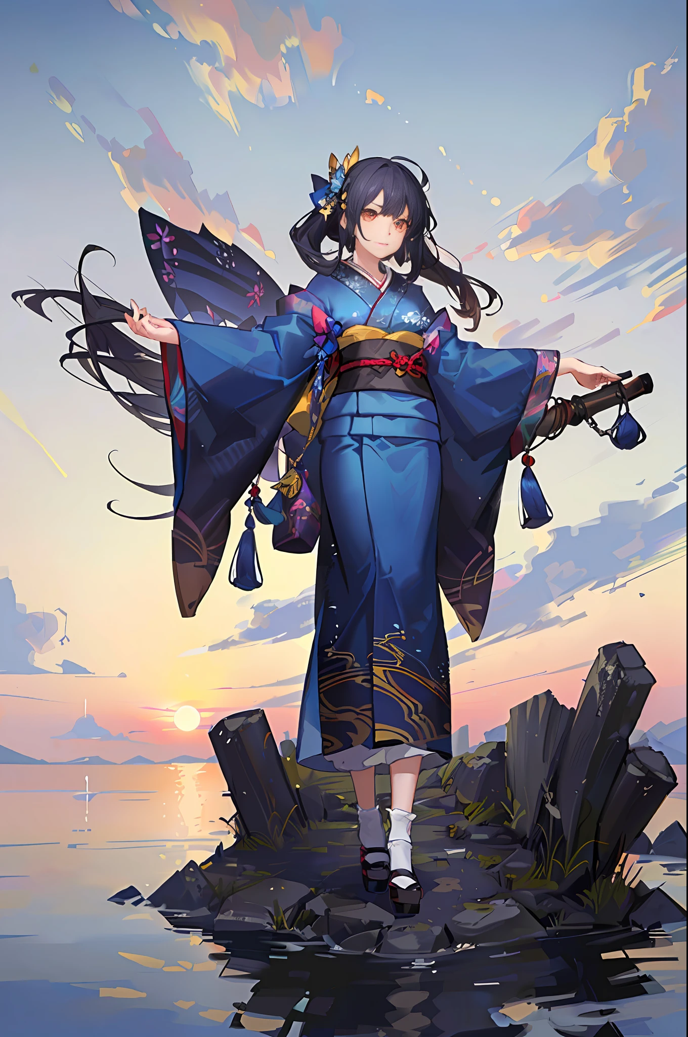 Masterpiece, animate, atmosphere feeling light and shadow, cozy, front, 1 girl, stand, arms flat, kimono