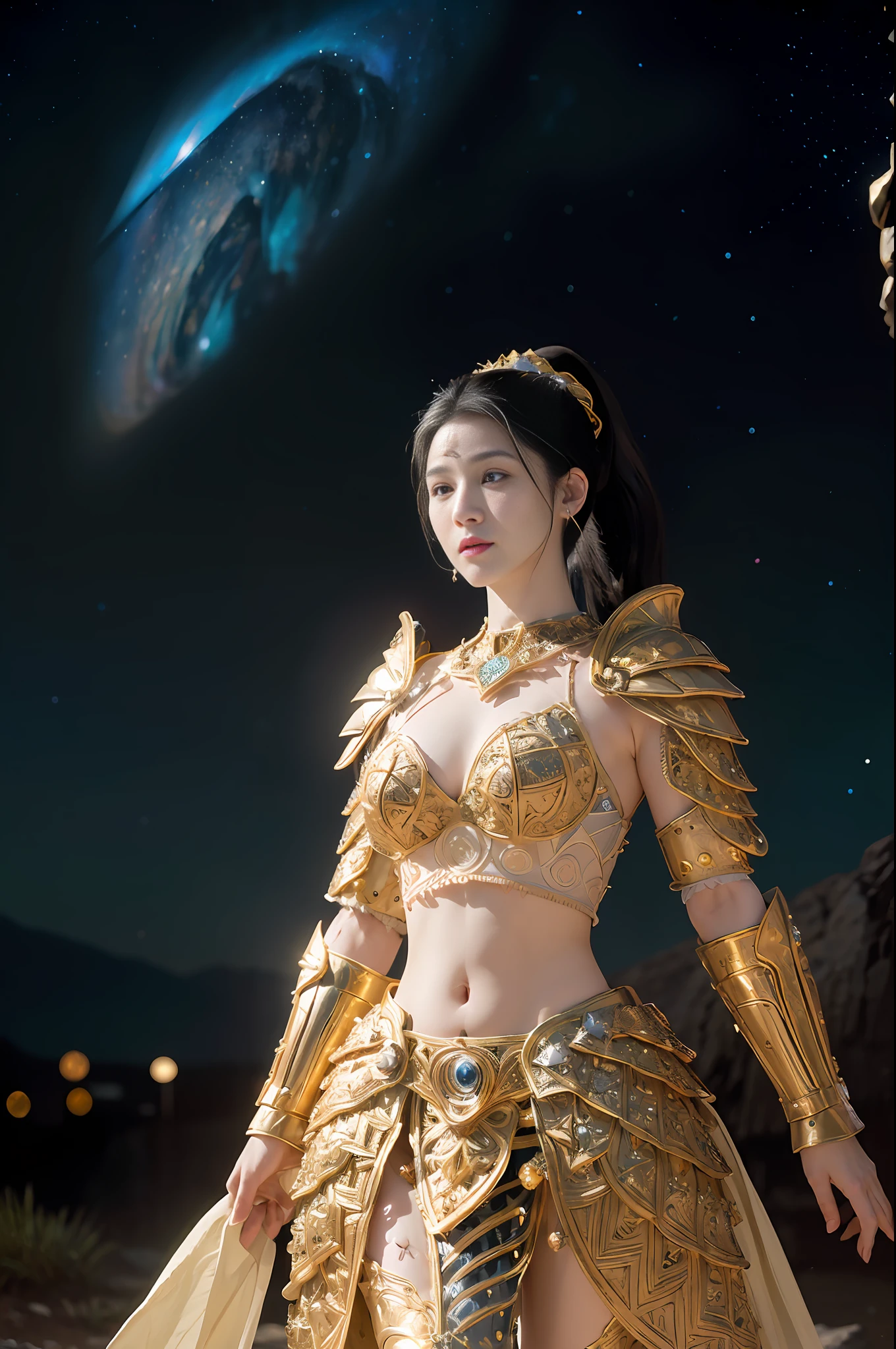 official art, unity 8k wallpaper, ultra detailed, beautiful and aesthetic, High quality, beautiful, masterpiece, best quality,best clear，golden ratio,cowboy shot
1 queen,young girl,solo,The Crown of Queen Elizabeth,(high ponytail:1.3),(black hair:1.6),(a doll face:1.1),(round face:1.4),chubby cheeks,pureerosface, (Extremely exquisite and intricate armor with intricate patterns:1.8),Metal Armor,Scale Armor,Plate Armor,Iron armor,Golden armor,(Thigh armor:1.6),(The golden armor has exquisite patterns:1.4),Chest armor,Medieval Armor,Body fitting armor,The armor has exquisite and complex textures,Metal underwear,Off Shoulder,(zentangle, mandala, tangle, entangle),(stomach bulge:1.2),navel,shiny skin,(pale skin:1.8), (white skin:1.3), Smooth and radiant skin, Smooth skin, highly detailed skin, crystals texture skin, (character focus),science fiction,extreme detailed,colorful,highest detailed,no pants,(partially visible,
(breast  moon:1.4),blue moon,( starry sky:1.3),( Cosmic background of nebula:1.4), (beautiful and clear background),