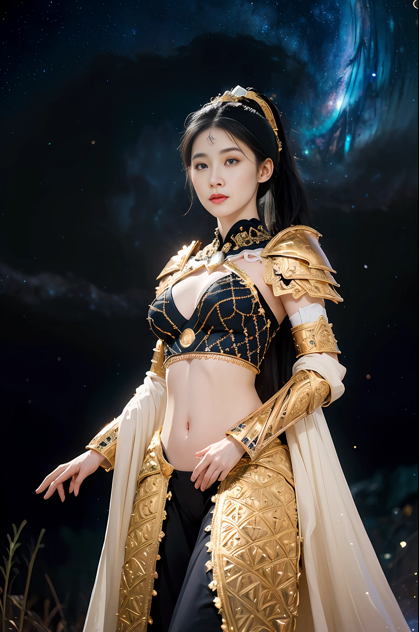 official art, unity 8k wallpaper, ultra detailed, beautiful and aesthetic, High quality, beautiful, masterpiece, best quality,best clear,golden ratio,cowboy shot
1 queen,young girl,solo,The Crown of Queen Elizabeth,(high ponytail:1.3),(black hair:1.6),(a doll face:1.1),(round face:1.4),chubby cheeks,pureerosface, (Extremely exquisite and intricate armor with intricate patterns:1.8),Metal Armor,Scale Armor,Plate Armor,Iron armor,Golden armor,(Thigh armor:1.6),(The golden armor has exquisite patterns:1.4),Chest armor,Medieval Armor,Body fitting armor,The armor has exquisite and complex textures,Metal underwear,Off Shoulder,(zentangle, mandala, tangle, entangle),(stomach bulge:1.2),navel,shiny skin,(pale skin:1.8), (white skin:1.3), Smooth and radiant skin, Smooth skin, highly detailed skin, crystals texture skin, (character focus),science fiction,extreme detailed,colorful,highest detailed,no pants,(partially visible,
(breast moon:1.4),blue moon,( starry sky:1.3),( Cosmic background of nebula:1.4), (beautiful and clear background),