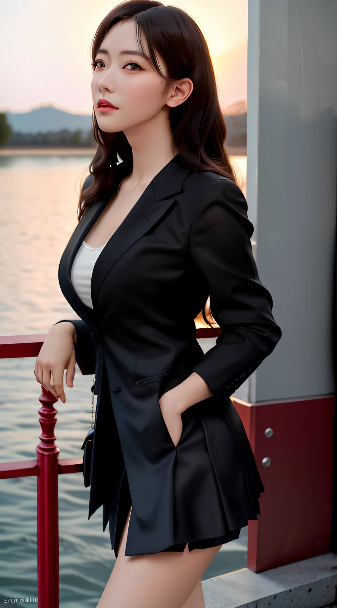 best quality, masterpiece, 1girl, Beautiful face, (photo realistic:1.3), rim lighting, (high detailed skin:1.2), 8k uhd, dslr, high quality, high resolution, 4k, 8k, Bokeh, absurdres, best ratio four finger and one thumb, (realistic:1.3), cute 1girl, wearing black formal blazer, medium breasts, short skirt,