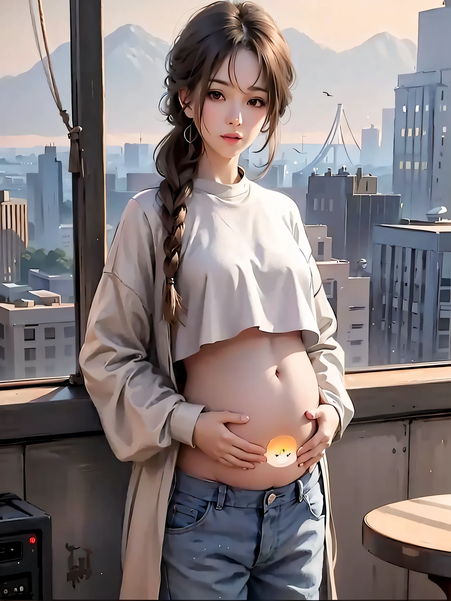 pregnant woman standing on a balcony with a city view, artwork in the style of guweiz, guweiz, pregnant belly, trending on cgstation, her belly is fat and round, guweiz masterpiece, realistic cute girl painting, trending on artstration, her belly button is exposed, pregnant, she has a jiggly fat round belly