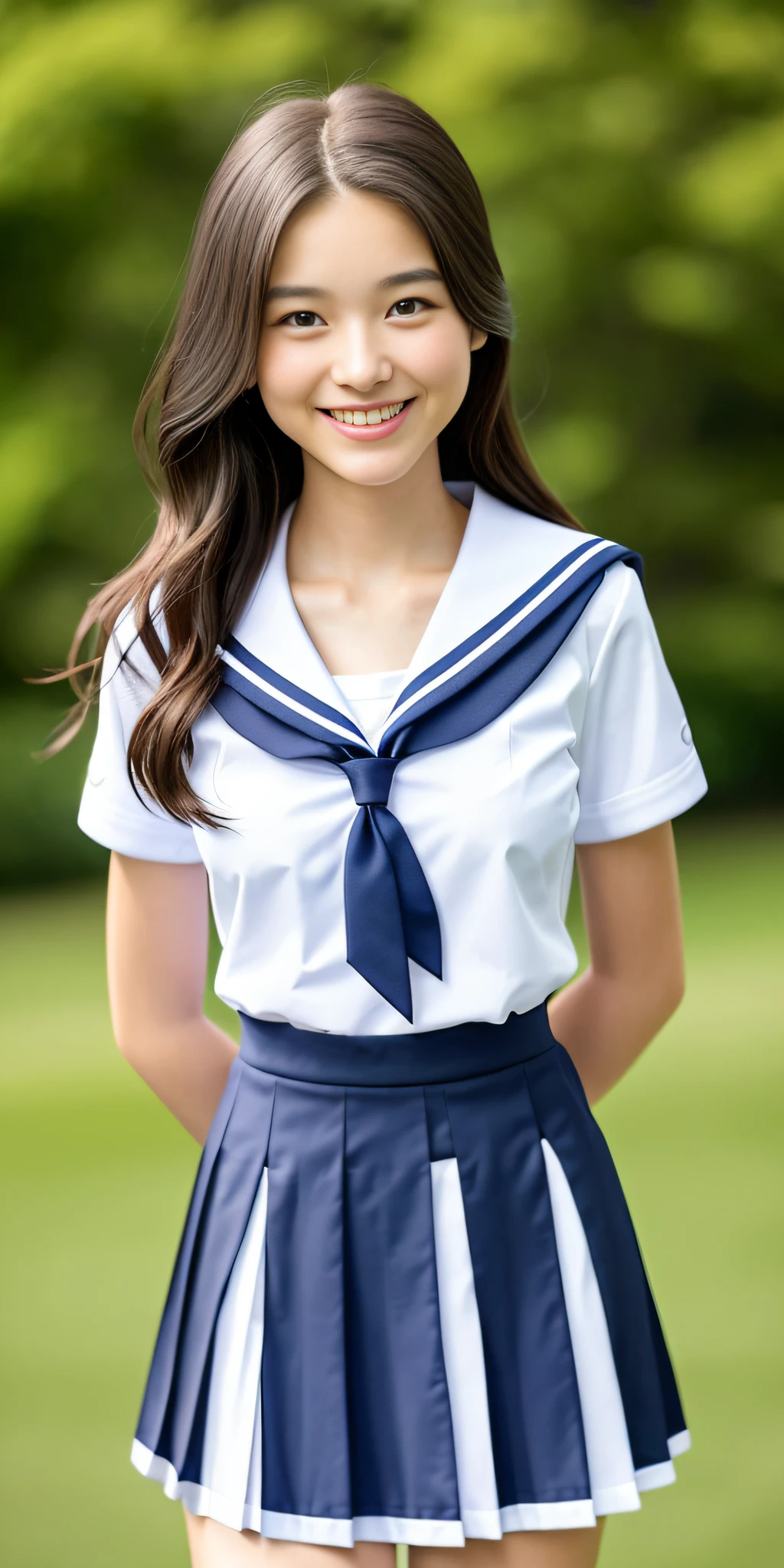 neat college girl, (school uniform, sailor uniform, ribbon tied at chest, summer uniform, upper body white, skirt is navy blue), outside the athletic field, (slim), photorealistic, detail, skin texture, ultra detail, delicate and sexy collarbone, smile, super detailed face, detailed lips, detailed eyes, double eyelids, small breasts, small breasts, small, flat breasts, breast emphasis