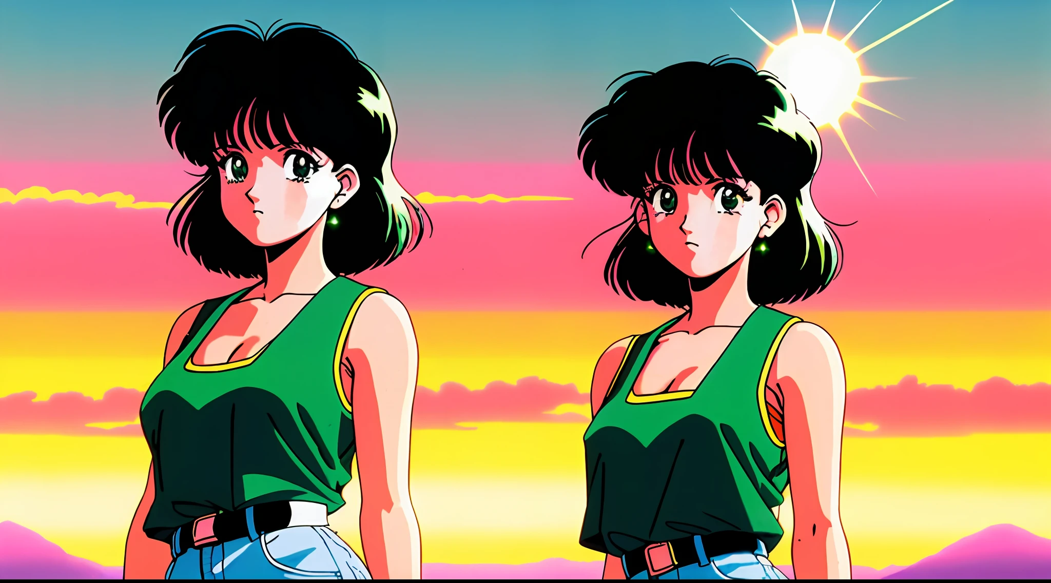 retro anime, 1990s anime, 1980s anime, brush strokes, solo, 1girl, masterpiece, best quality, blush, black hair, (freckles:0.8), exposed shoulders, small breasts, solarpunk background, (?), only one girl, solar punk, nature, slorarpunk girl, green tinit color