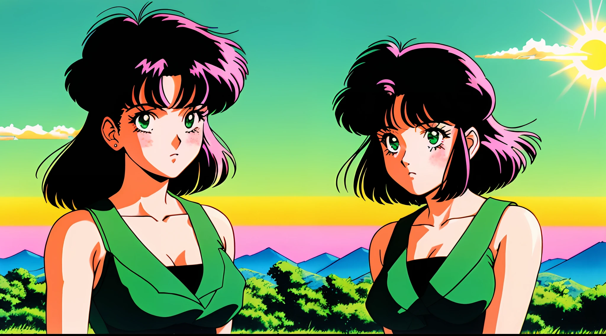retro anime, 1990s anime, 1980s anime, brush strokes, solo, 1girl, masterpiece, best quality, blush, black hair, (freckles:0.8), exposed shoulders, small breasts, solarpunk background, (?), only one girl, solar punk, nature, slorarpunk girl, green tinit color