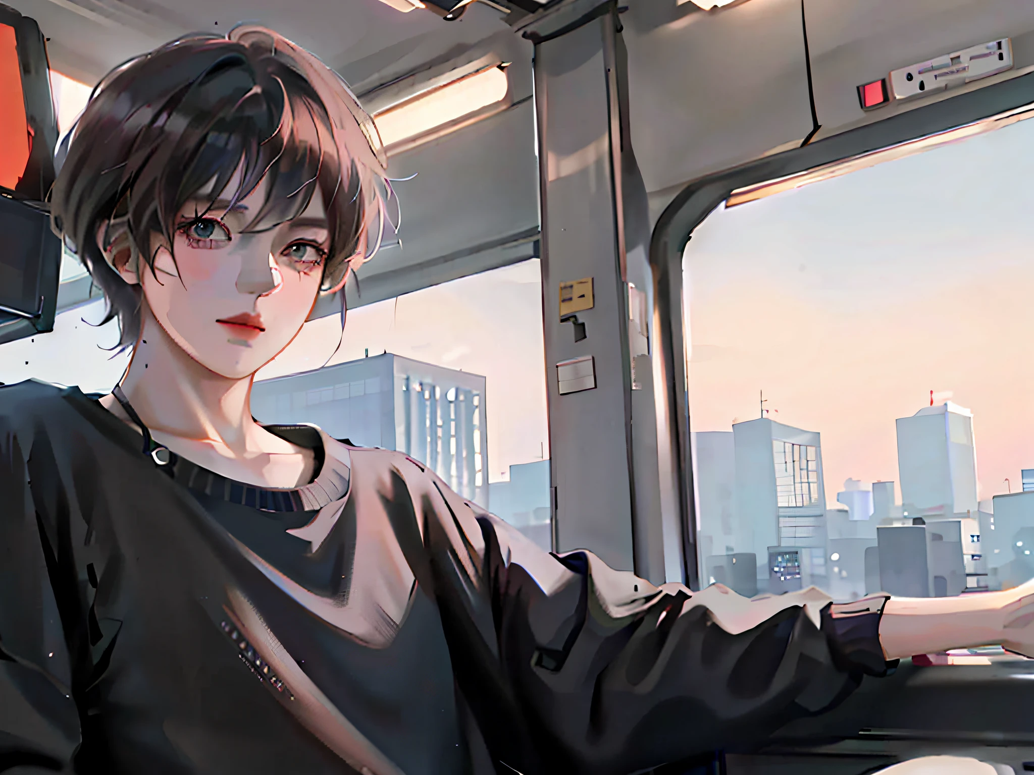 anime boy sitting in a bus looking out the window, anime style 4 k, anime style. 8k, artwork in the style of guweiz, realistic anime 3 d style, 4k anime wallpaper, anime art wallpaper 4k, anime art wallpaper 4 k, anime art wallpaper 8 k, realistic anime artstyle, anime realism style, semirealistic anime style