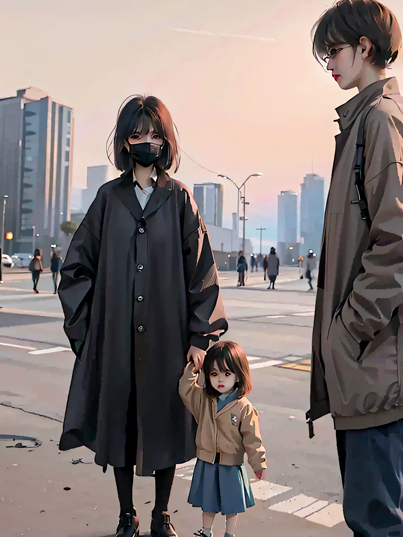 painting of a woman and a child standing on a city street, style anime, artwork in the style of guweiz, profile pic, casual clothing style, lofi artstyle, street clothes, anime style. 8k, lonely family, dressed with long fluent clothes, casual clothing, modern anime style, cute art style, black oversized clothes, growth of a couple
