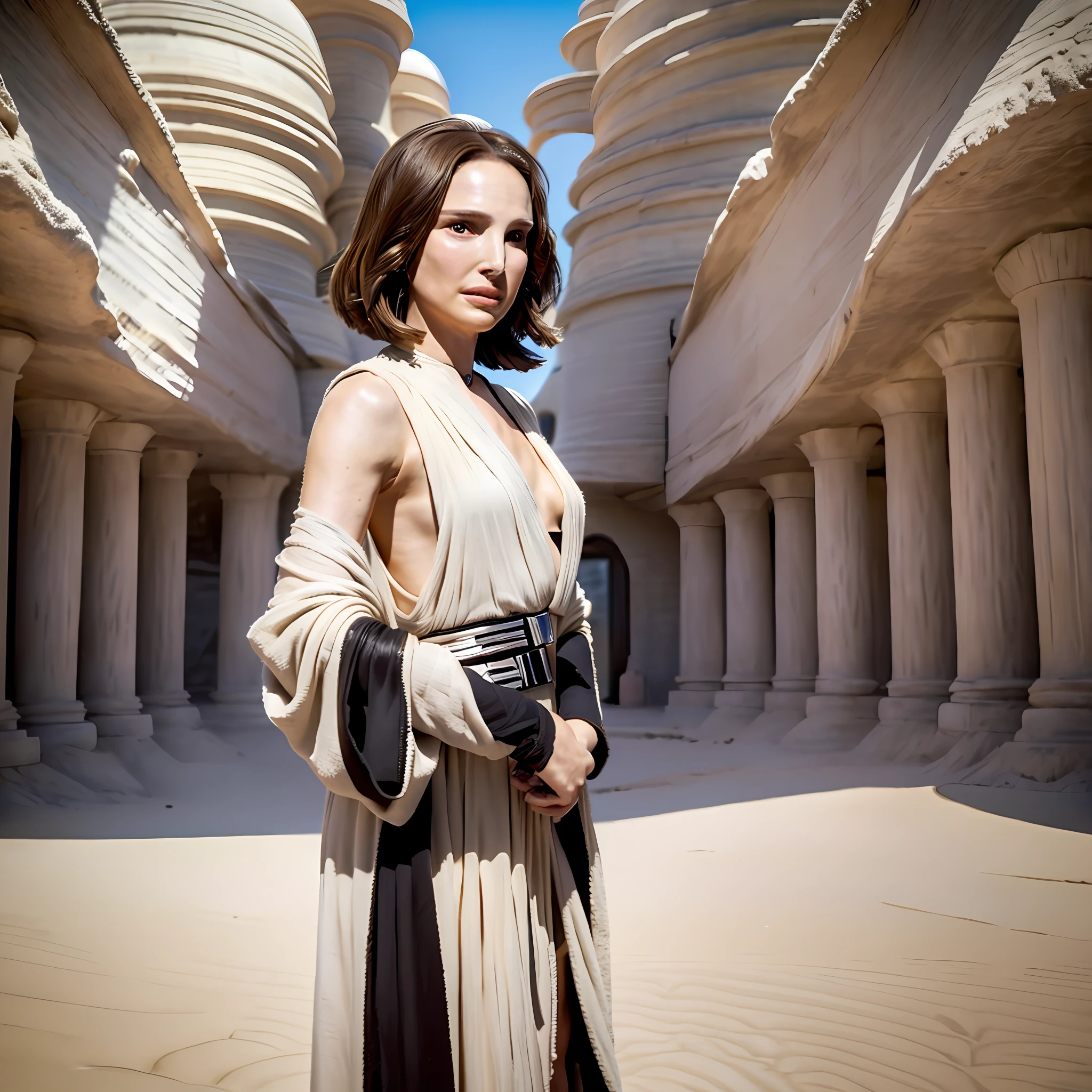 8K HDTV, photorealism, Star Wars, movie look, (head-to-knee height: 1.8), sand planet, in front of a domed house made of dirt, standing straight facing each other, wavy hair, relaxed look, detailed expression, sweaty skin, exposed bust, small and beautiful hard, disheveled clothes, white Jedi robe, holding a shining white lightsaber in your right hand, ((((Natalie Portman))))