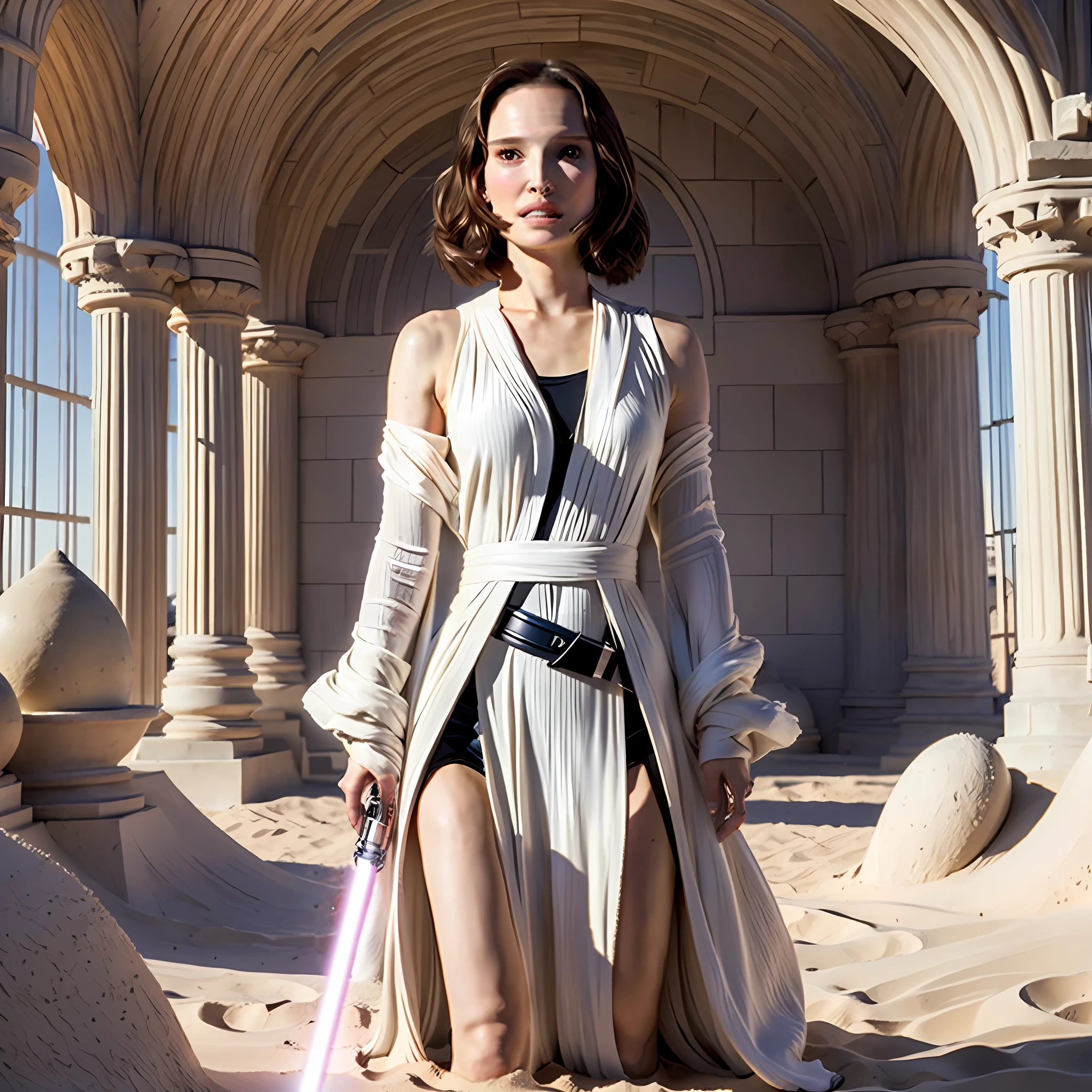 8K HDTV, photorealism, Star Wars, movie look, (head-to-knee height: 1.8), sand planet, in front of a domed house made of dirt, standing straight facing each other, wavy hair, relaxed look, detailed expression, sweaty skin, exposed bust, small and beautiful hard, disheveled clothes, white Jedi robe, holding a shining white lightsaber in your right hand, ((((Natalie Portman))))