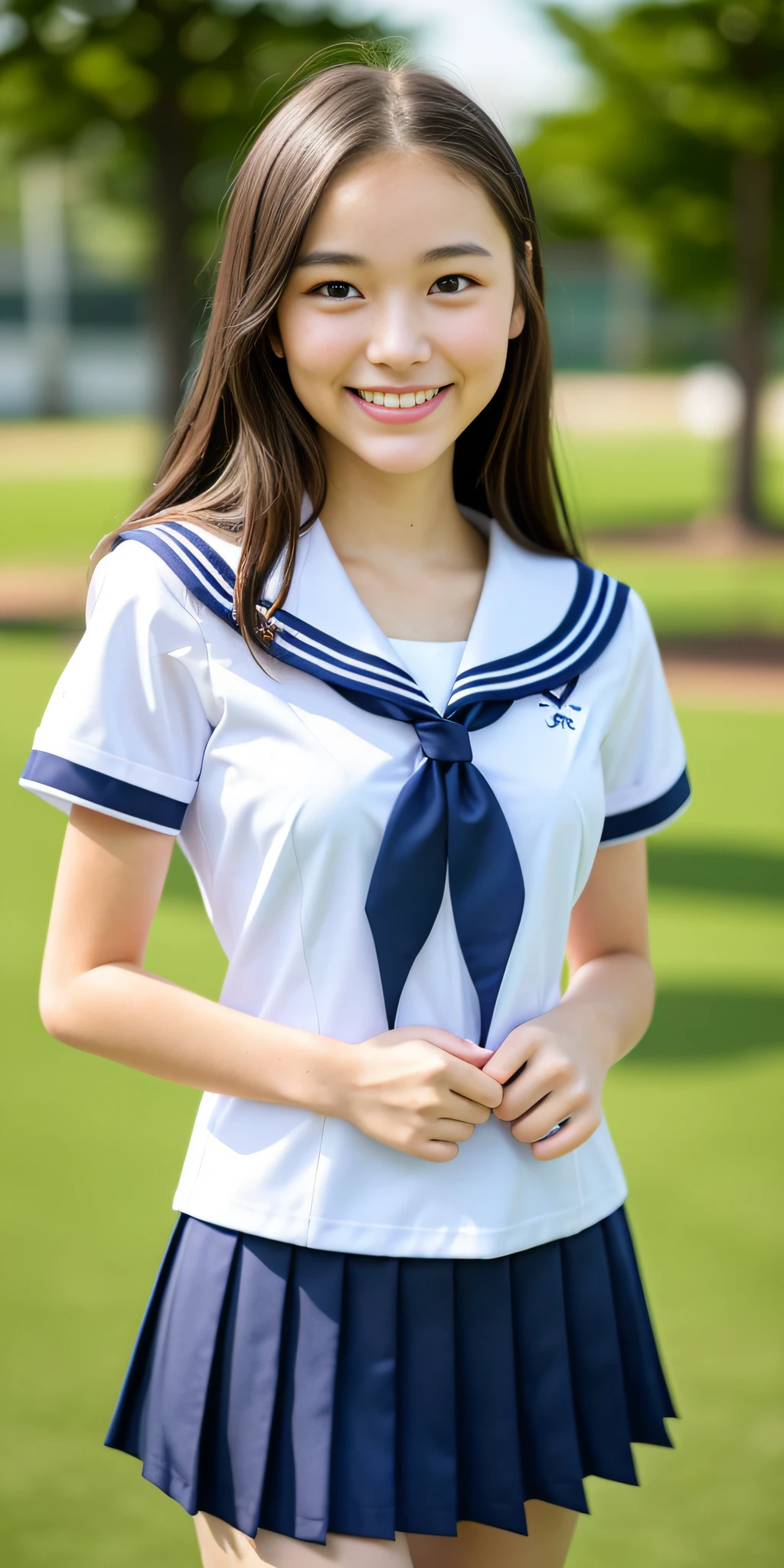 neat college girl, (school uniform, sailor uniform, ribbon tied at chest, summer uniform, upper body white, skirt is navy blue), outside the athletic field, (slim), photorealistic, detail, skin texture, ultra detail, delicate and sexy collarbone, smile, super detailed face, detailed lips, detailed eyes, double eyelids, small breasts, small breasts, small, flat breasts, breast emphasis