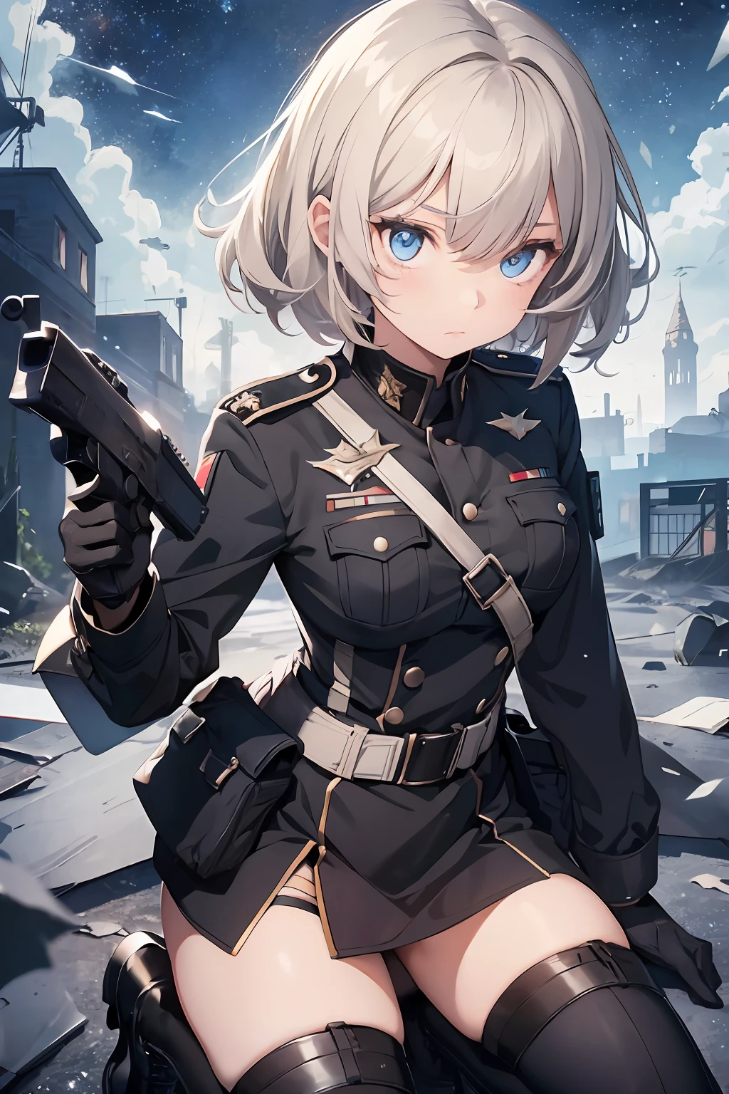 The girl wore a black German military uniform, Girls' Front, animated, extremely beautiful detailed anime face and eyes, realistic, whole body, from_below, focus on eyes, holding_weapon, beautiful detailed fullbody, petite, girl, baby,5 years old, short hair, messy hair, wept bangs, blonde hair, disheveled hair, ahoge, Delicate facerain, rape face, lovely big eyes, flat_chest, blue eyes, black_gloves, gun, military, boots, black Clothes, grand space, floating, God Light, Absurd, artbook, extremely detailed 8K wallpaper, very precise detailed, absurdres,
