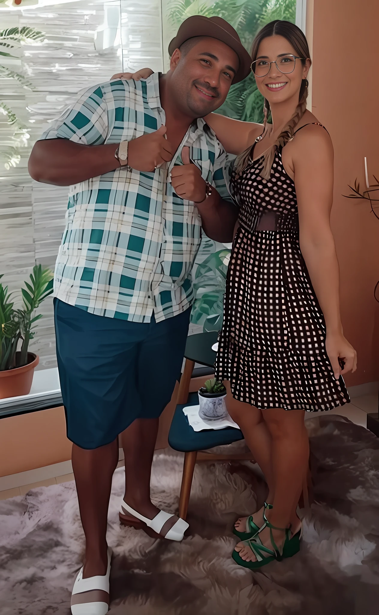 Couple , they are posing for a photo in their living room together, mom and dad, photo taken on 2 0 2 0, by Nándor Katona, profile picture, 30 year old woman from cuba, profile picture, realistic photo, taken in 2022, profile picture, david rios ferreira, taken on 2 0 2 0 , Husband , brunette and strong man, fat, with jewel pose, wife 8 months pregnant, blonde with glasses braided hair smiling, face details and eyes ultra realistic quality