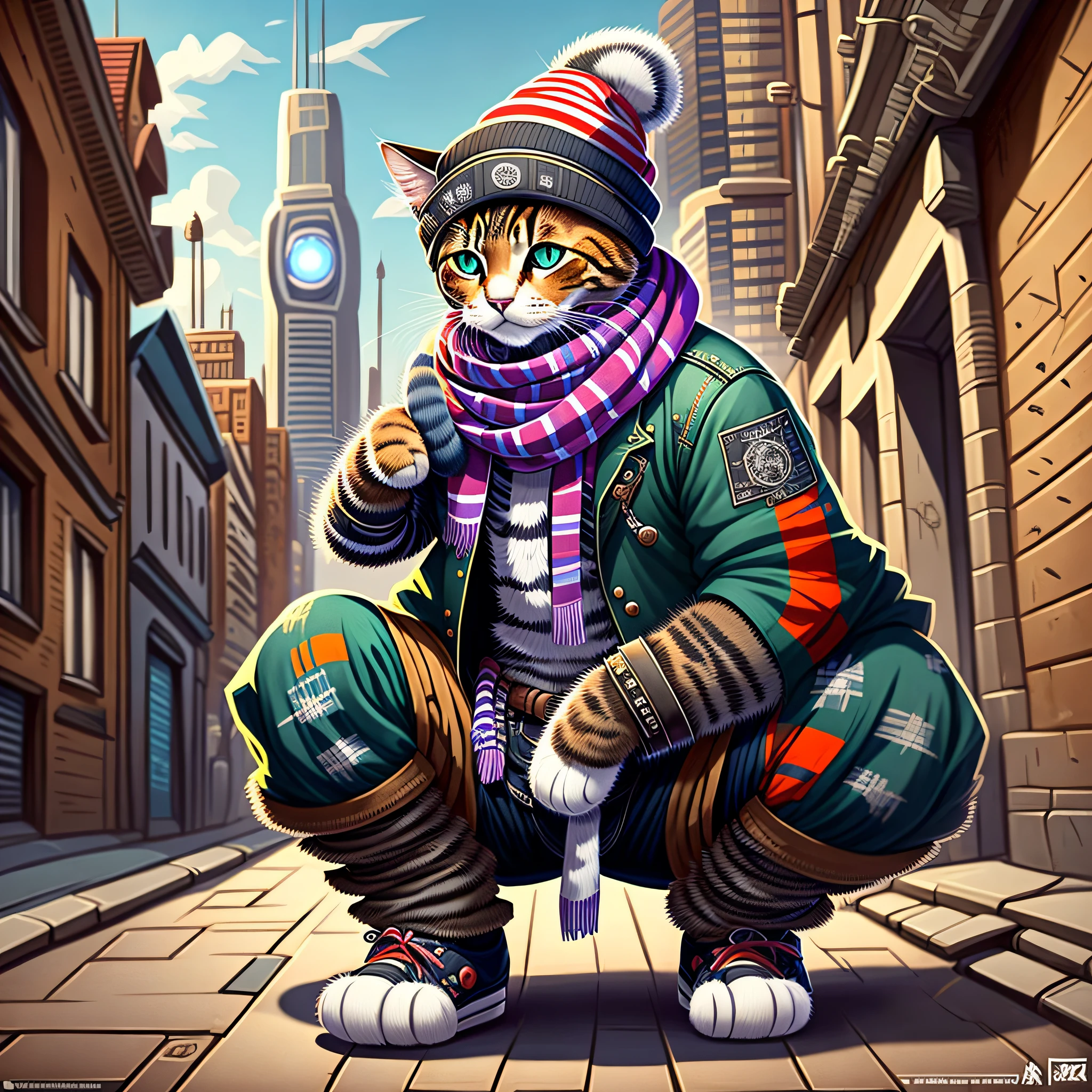 picture of a cat in a hat and scarf, art station trend, dressed in punk clothes, hyper realistic detailed rendering, british gang member, urban style, intimidating pose, planet of cats, fashion clothes, urban samurai, meow, west slavic traits, 8 1 5 --auto --s2