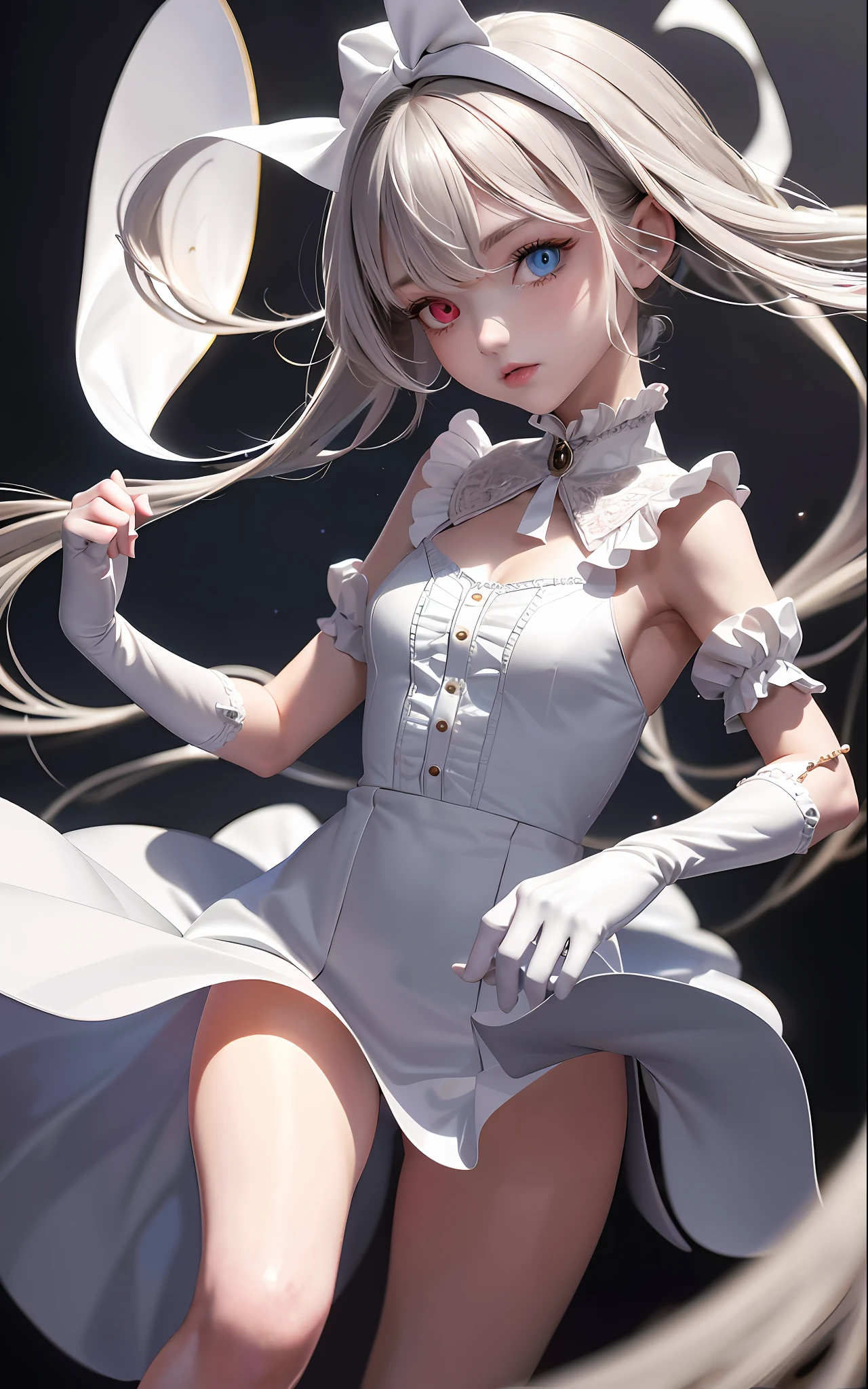 Superb Quality, Masterpiece, High Resolution, Best Quality, UHD, Super Detail, Award-Awarded, 16k, (Upper Body), A Beautiful Maiden, Gray Hair, Hair, ((Heterochromia)), Hanging Eyes, Fair Skin, (Small Breasts), (Slim Body), ((Long Skirt)), (Ribbon Collar), (Short gloves as short as half a palm)