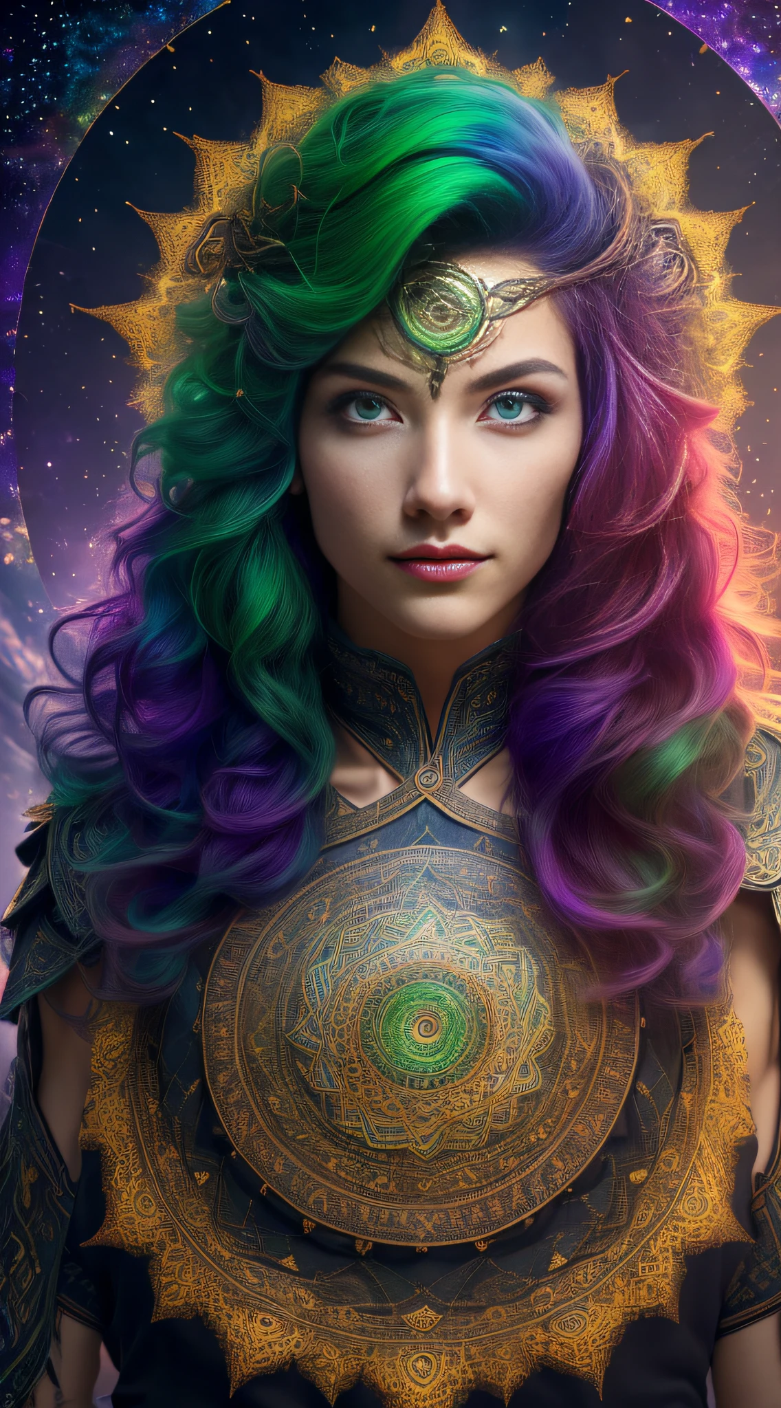 (masterpiece, best quality, ultra-detailed, highres, best illustration),1boy, solo,(male focus:0.8), transgender male, flat chest, red hair, green hair, heterochromia, purple eyes, two tone hair, ,side lighting, lustrous skin,(shine), (shiny skin, cetlic elements, norse heritage), ray tracing, shirt, wind swept hair, detailed hair, detailed face, ,depth_of_field,very detailed background,extreme light and shadow,(detailed eyes) , perfect anatomy, (zentangle, mandala, tangle, entangle), dynamic angle, wide shot, upper body, city scape, extreme light and shadow, night sky