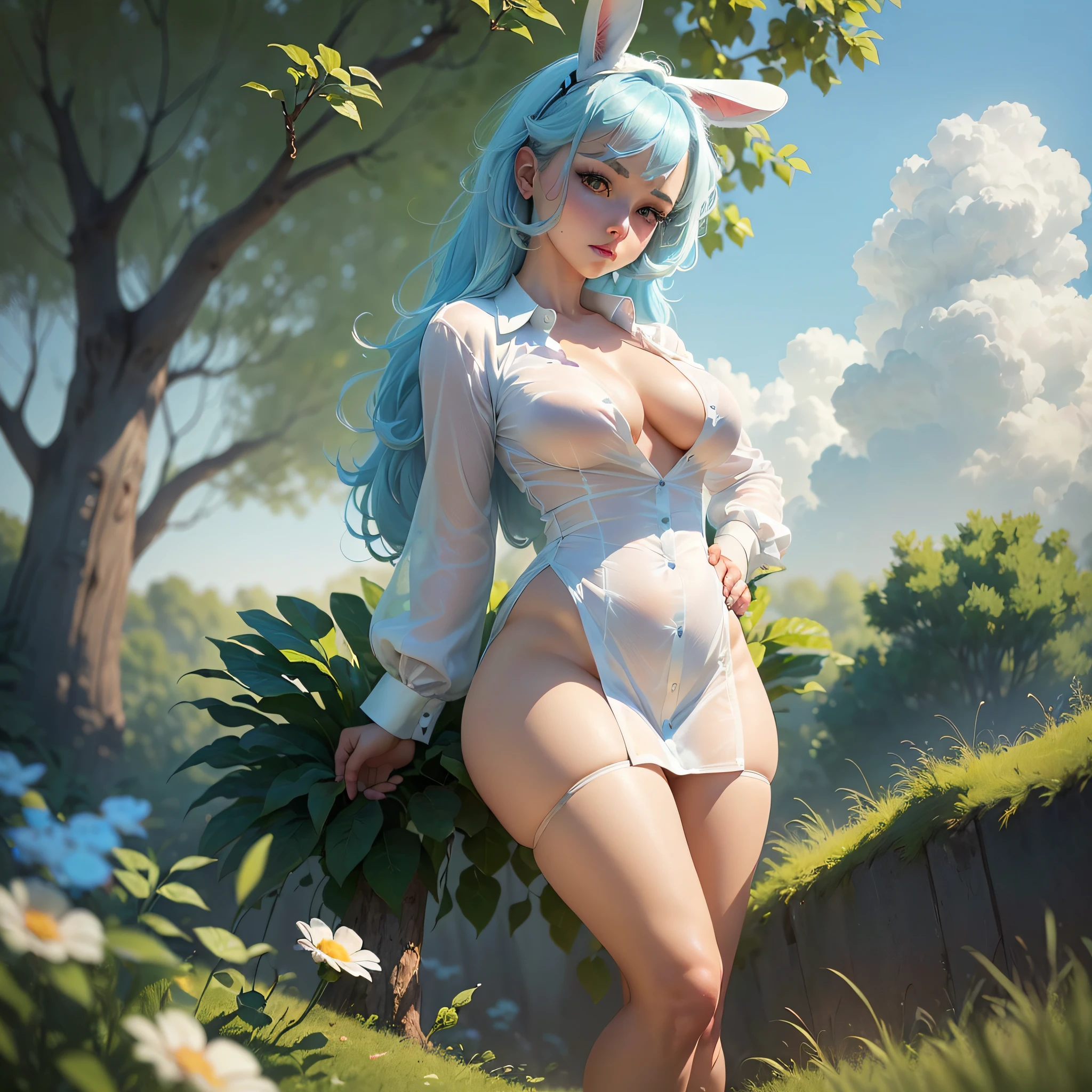 (In the grass, a very cute woman dressed in a very short white bunny girl.) ((Wearing a white silk open shirt: 1.6.) 40k, masterpiece, best quality, ((gorgeous sky blue hair ,)), big ass full breasts until waiting to be worn, sexy seductive pose. ((:1.4)), super detailed face, detailed eyes. Full body photo --auto --s2