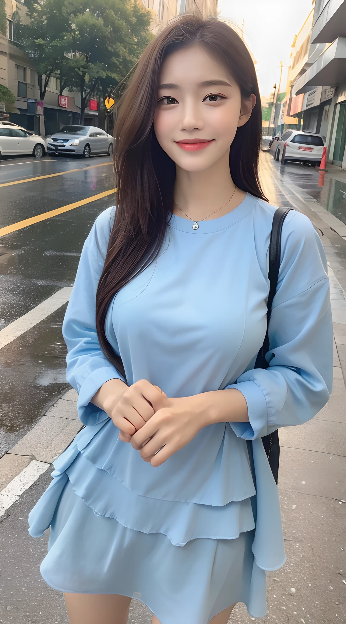 ((Best Quality, 8K, Masterpiece:1.3)), Focus: 1.2, Perfect Body Beauty: 1.4, Buttocks: 1.2, ((Layered Haircut, Breasts: 1.2)), (Wet Clothes: 1.1), (Rain, Street:1.3), Bandeau Dress: 1.1, Highly Detailed Face and Skin Texture, Fine Eyes, Double Eyelids, Whitening Skin, Long Hair, (Shut Up: 1.3), Smile