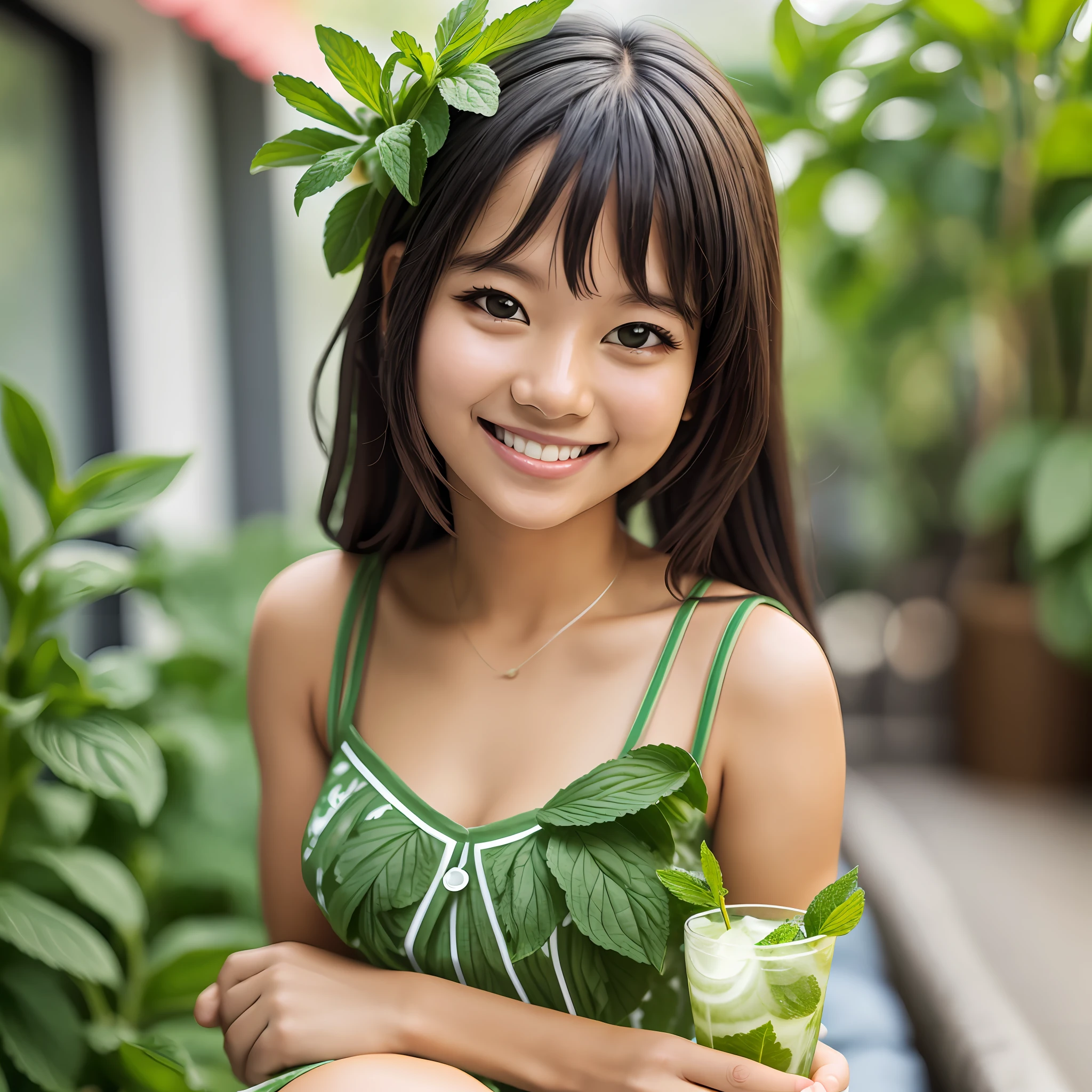 Human looks mojito drink product, wearing dress as mojito, holding mojito drink, sitting, light cute smile, background looks as mojito, focus on human depth blur