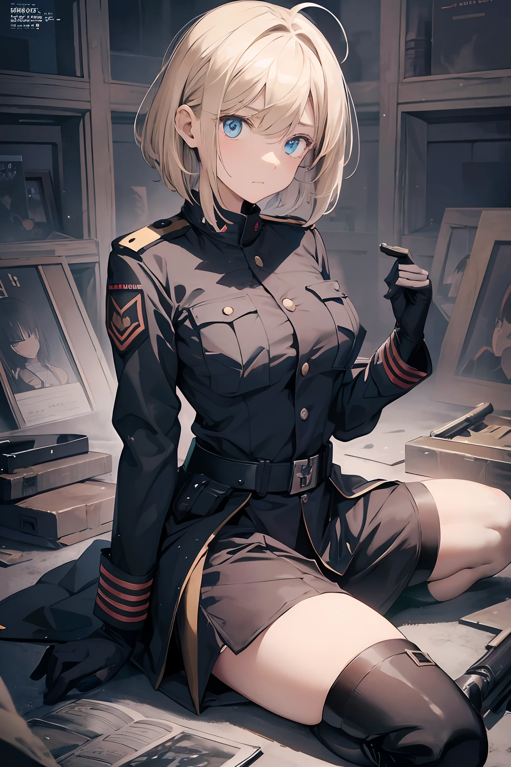 The girl wore a black German military uniform, Girls' Front, animated, extremely beautiful detailed anime face and eyes, realistic, whole body, from_below, focus on eyes, holding_weapon, beautiful detailed fullbody, petite, girl, baby,5 years old, short hair, messy hair, wept bangs, blonde hair, disheveled hair, ahoge, Delicate facerain, rape face, lovely big eyes, flat_chest, blue eyes, black_gloves, gun, military, boots, black Clothes, grand space, floating, God Light, Absurd, artbook, extremely detailed 8K wallpaper, very precise detailed, absurdres,