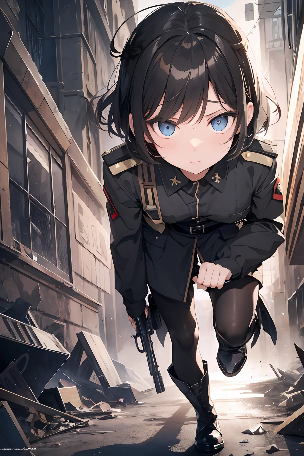 The girl wore a black German military uniform, Girls' Front, animated, extremely beautiful detailed anime face and eyes, realistic, whole body, from_below, focus on eyes, holding_weapon, beautiful detailed fullbody, petite, girl, baby,5 years old, short hair, messy hair, wept bangs, blonde hair, disheveled hair, ahoge, Delicate facerain, rape face, lovely big eyes, flat_chest, blue eyes, black_gloves, gun, military, boots, black Clothes, grand space, floating, God Light, Absurd, artbook, extremely detailed 8K wallpaper, very precise detailed, absurdres,