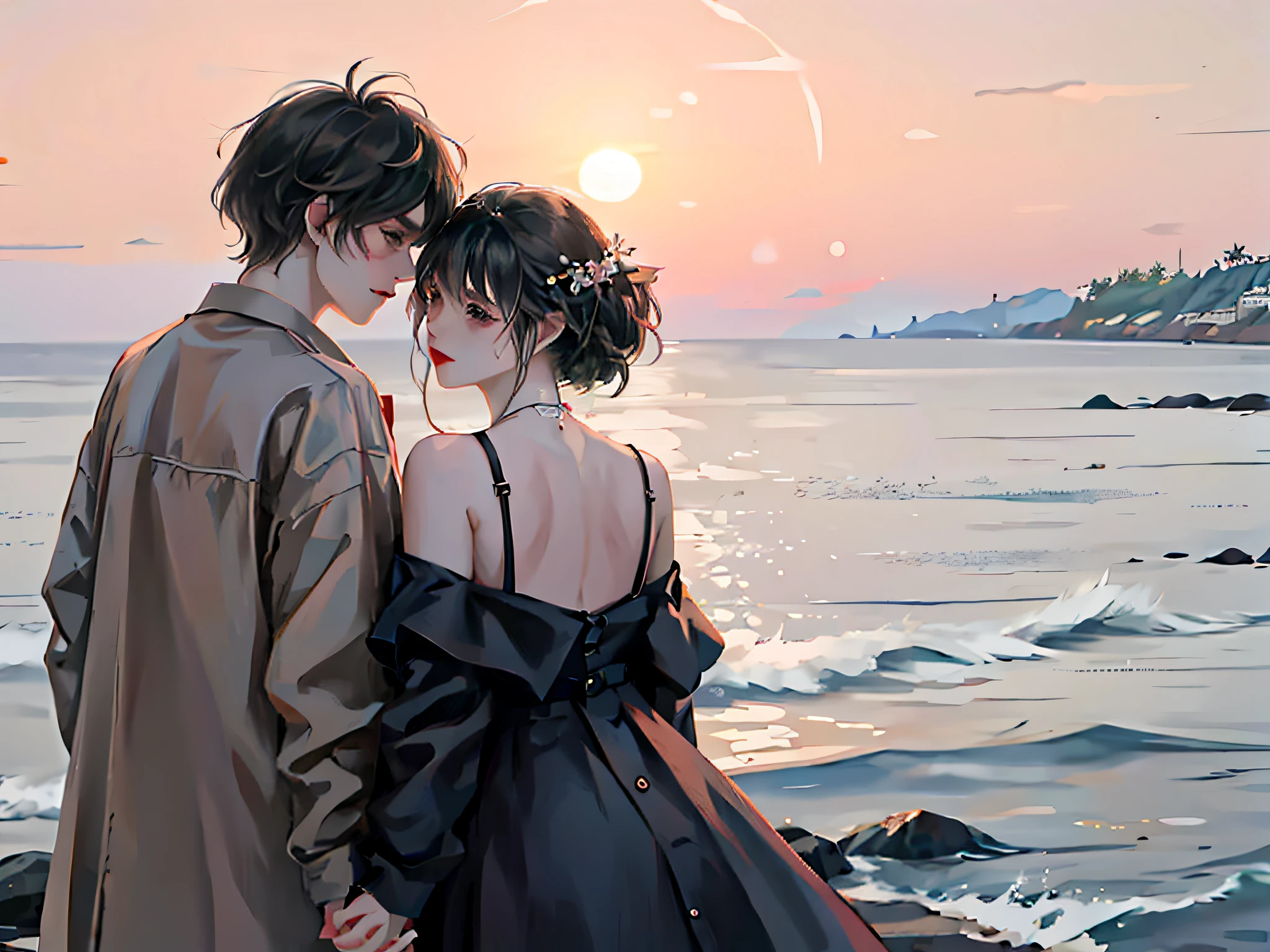 anime couple standing on a beach looking out at the ocean, romantic couple, artwork in the style of guweiz, guweiz, lovely couple, with sunset, guweiz and makoto shinkai, sakimichan and makoto shinkai, romanticism art style, by Yang J, with a sunset, 8k)), romantic painting
