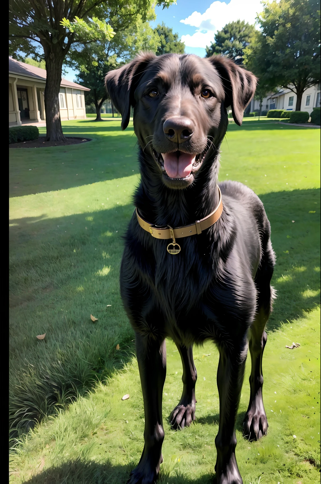 (masterpiece), (best quality:1.4), absurdities, [:d intricate etailles:0.2],The image depicts a male Labrador Retriever with shiny black fur. He's standing, staring into the camera with a curious expression. Its body is muscular and well proportioned, with straight legs and paws with black pads. The head has a broad snout, round, expressive eyes, and middle ears. The coat is short and dense, highlighting the characteristic shade and brightness. The dog wears a black collar with a shiny nameplate. His mouth is slightly open, displaying a rosy tongue and white teeth. The image conveys an air of animation and joy, with possible natural scenarios in the background, such as a lawn or sunny park.