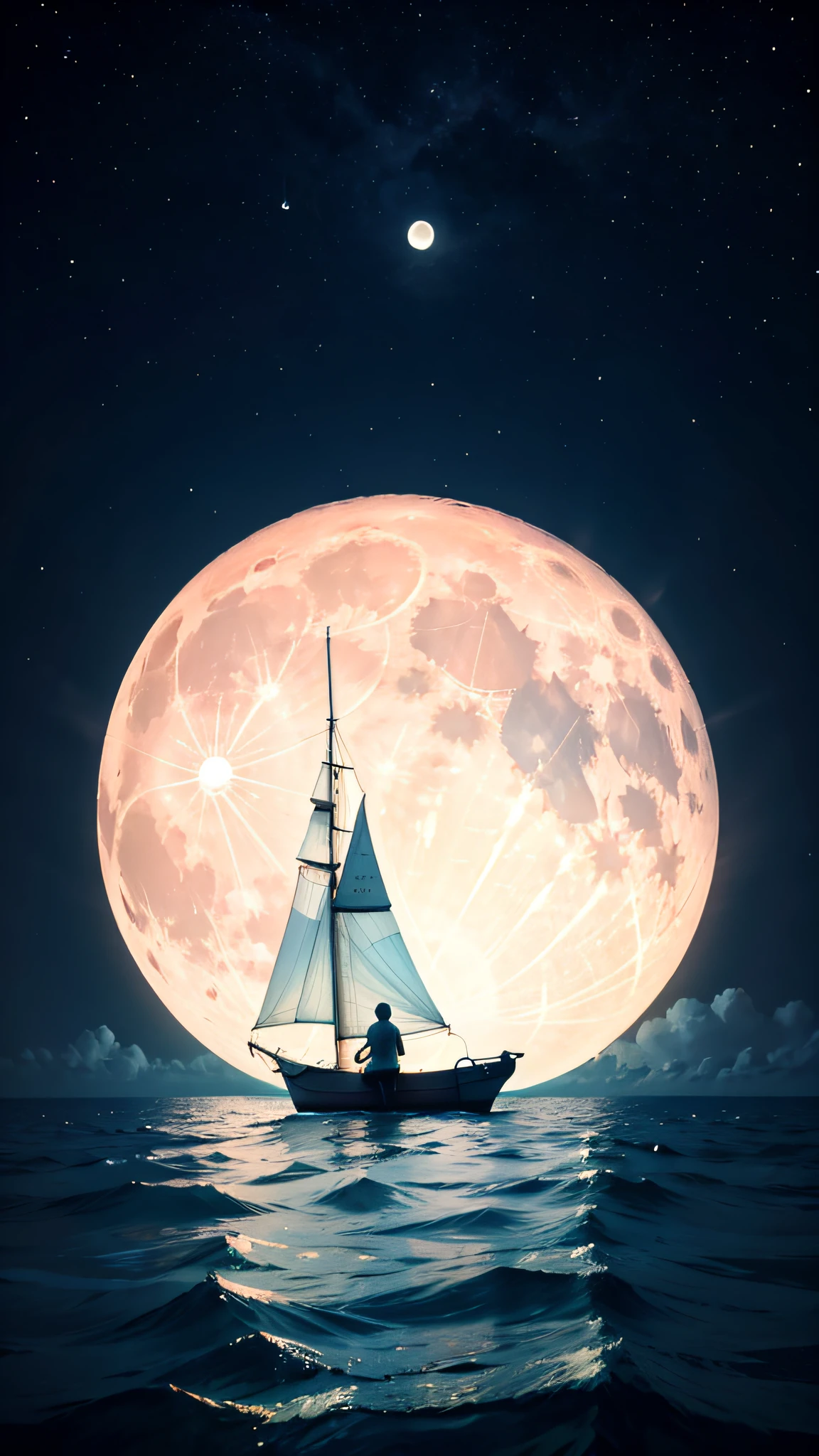 A couple stands in a small boat, floating on the sea, with a huge bright moon behind them