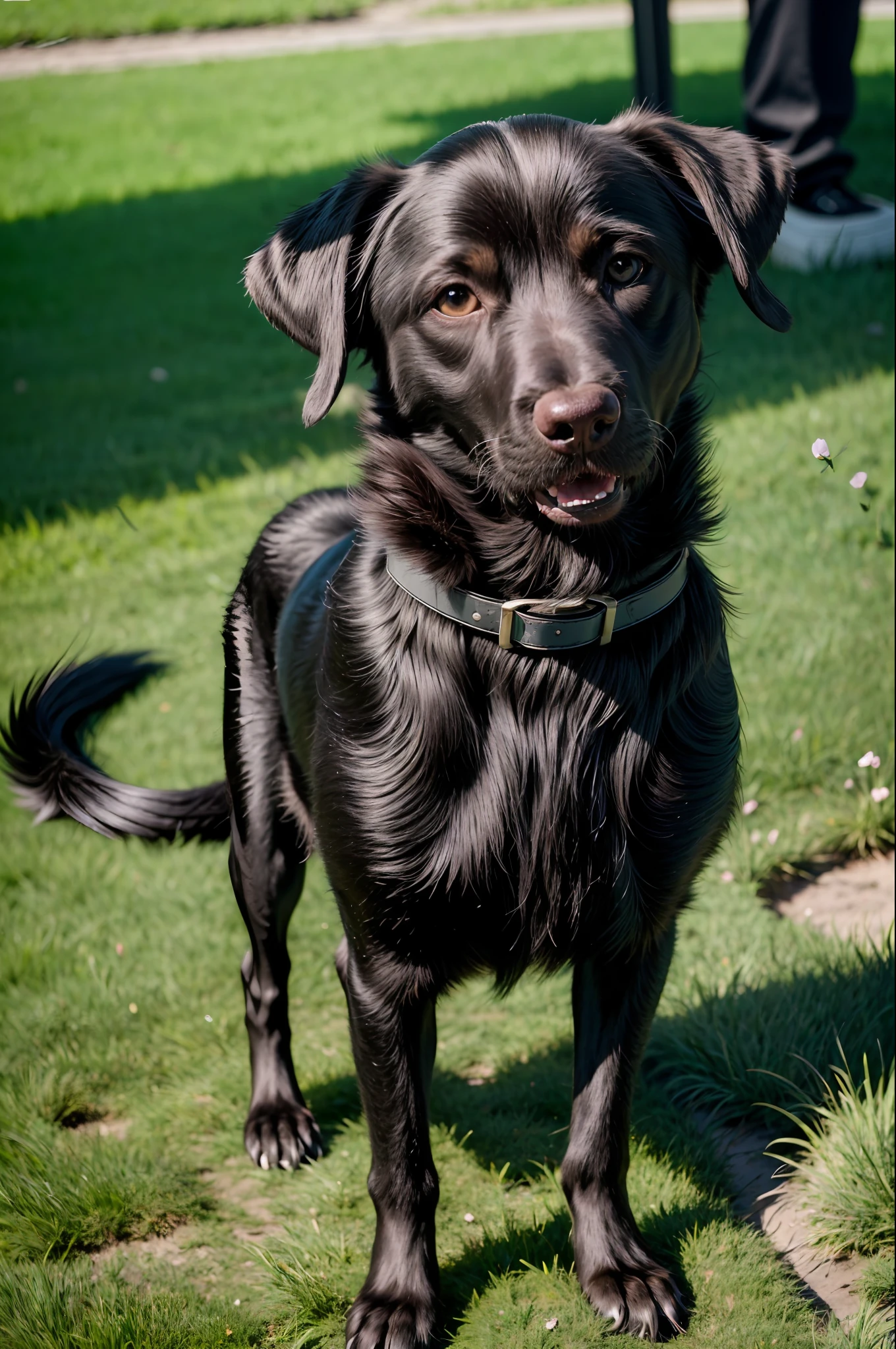 (masterpiece), (best quality:1.4), absurdities, [:d intricate etailles:0.2],The image depicts a male Labrador Retriever with shiny black fur. He's standing, staring into the camera with a curious expression. Its body is muscular and well proportioned, with straight legs and paws with black pads. The head has a broad snout, round, expressive eyes, and middle ears. The coat is short and dense, highlighting the characteristic shade and brightness. The dog wears a black collar with a shiny nameplate. His mouth is slightly open, displaying a rosy tongue and white teeth. The image conveys an air of animation and joy, with possible natural scenarios in the background, such as a lawn or sunny park.